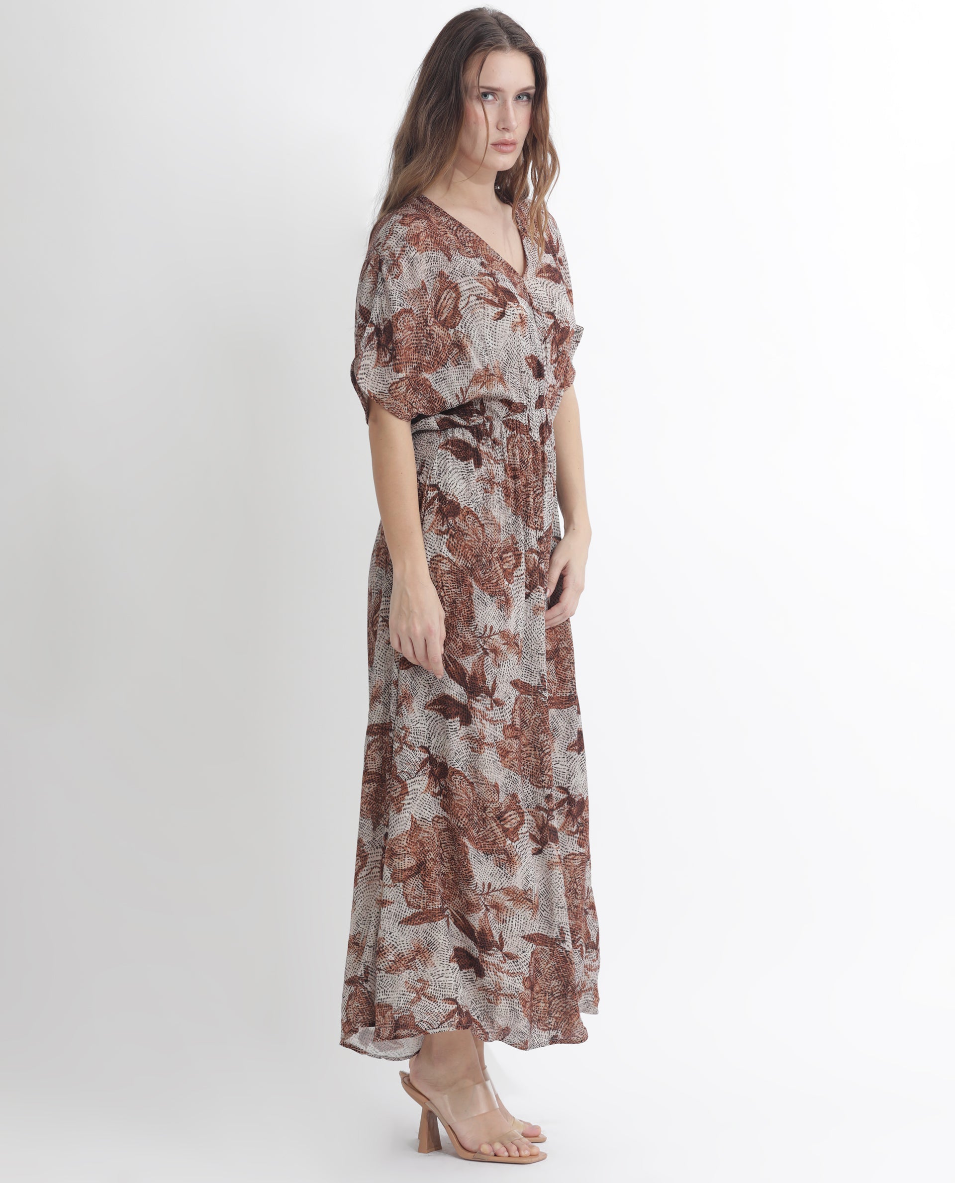 Rareism Women Rayo Dusky Beige Viscose Fabric Short Sleeves V-Neck Extended Sleeve Relaxed Fit Abstract Print Maxi Dress