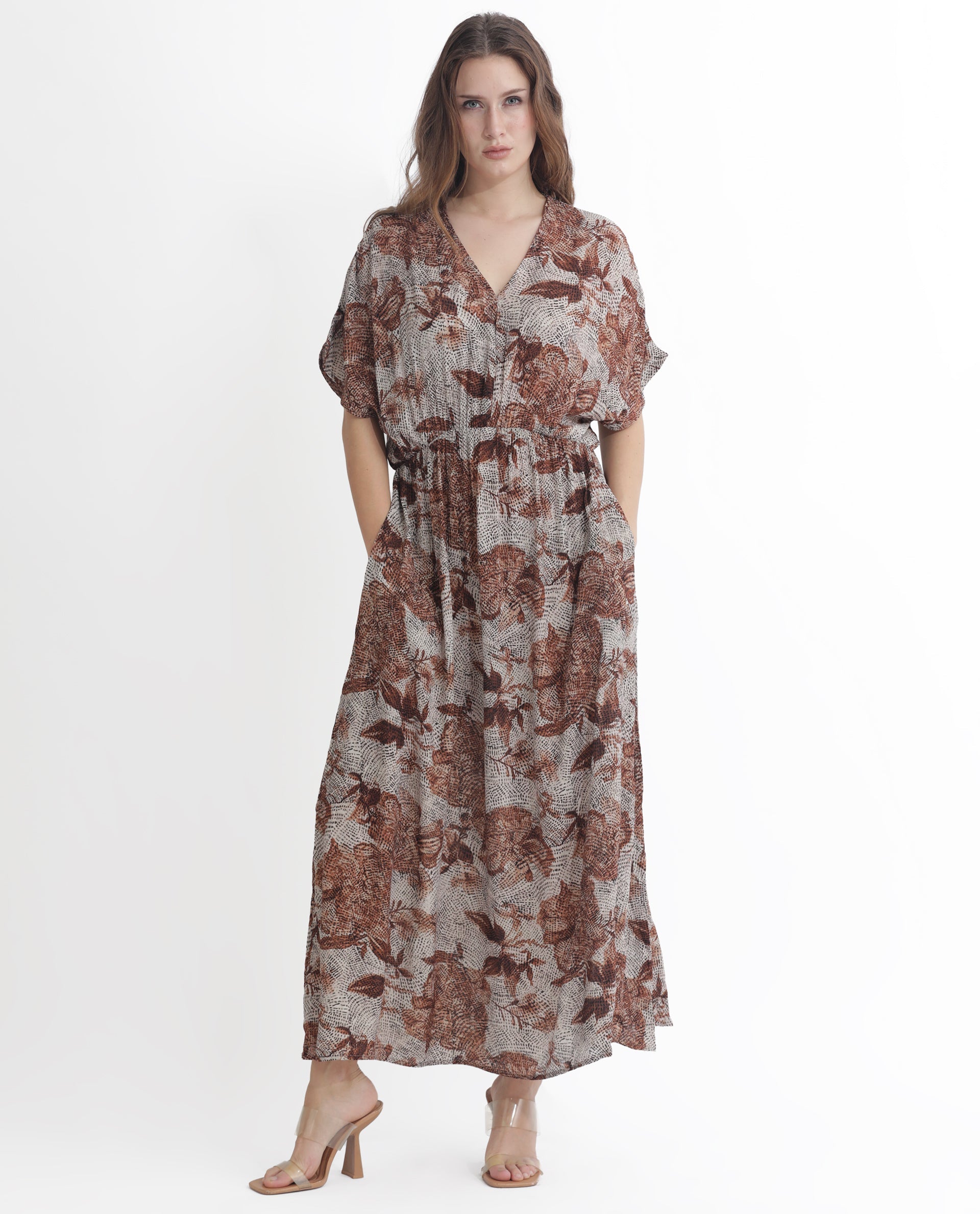 Rareism Women Rayo Dusky Beige Viscose Fabric Short Sleeves V-Neck Extended Sleeve Relaxed Fit Abstract Print Maxi Dress