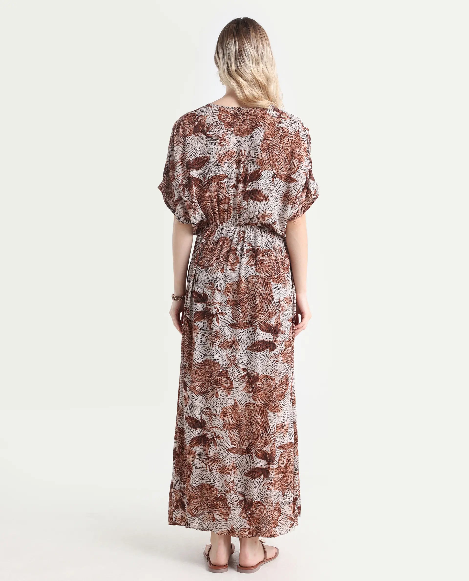 Rareism Women's Rayo Dusky Beige Viscose V-Neck Abstract Print Extended Sleeves Maxi Relaxed Fit Dress