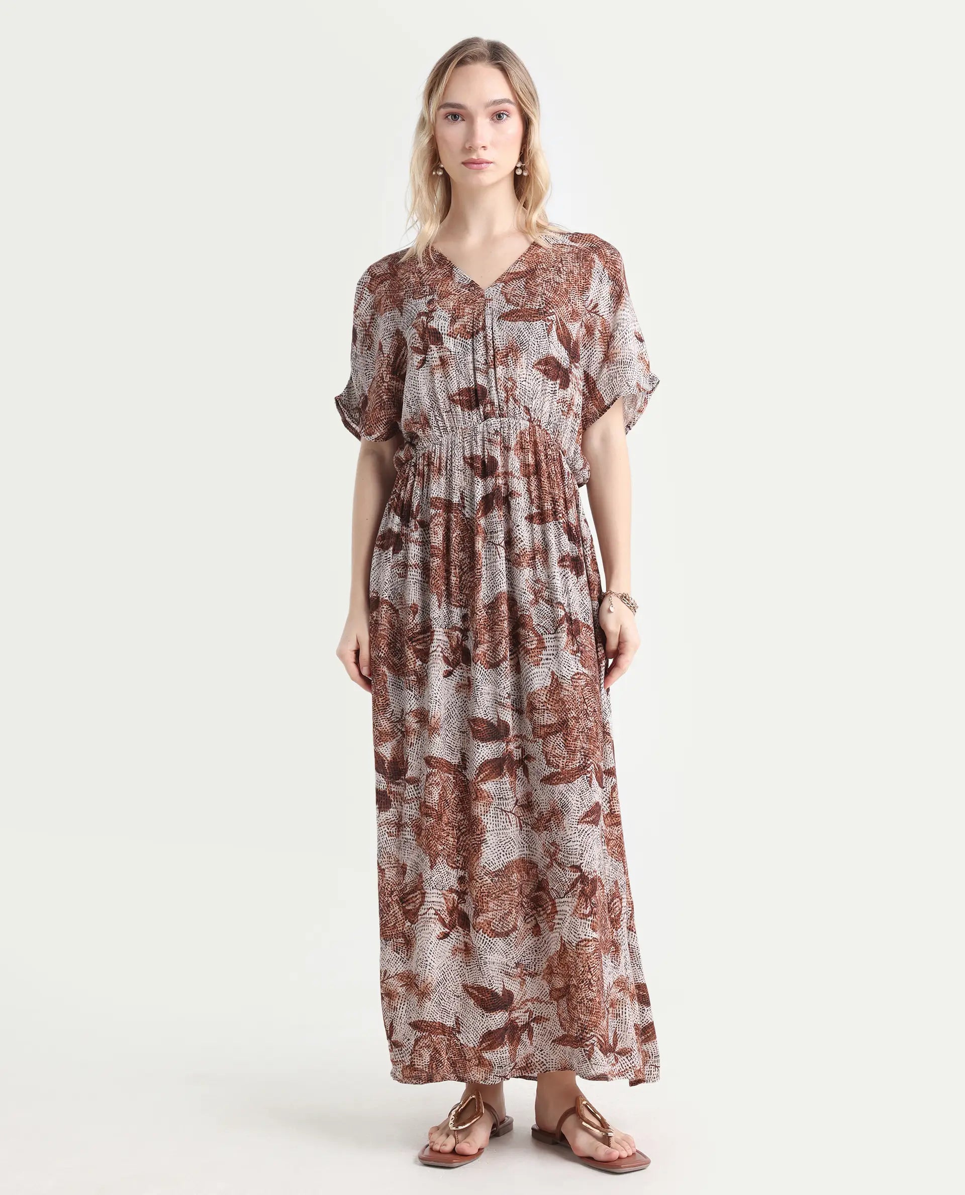 Rareism Women's Rayo Dusky Beige Viscose V-Neck Abstract Print Extended Sleeves Maxi Relaxed Fit Dress