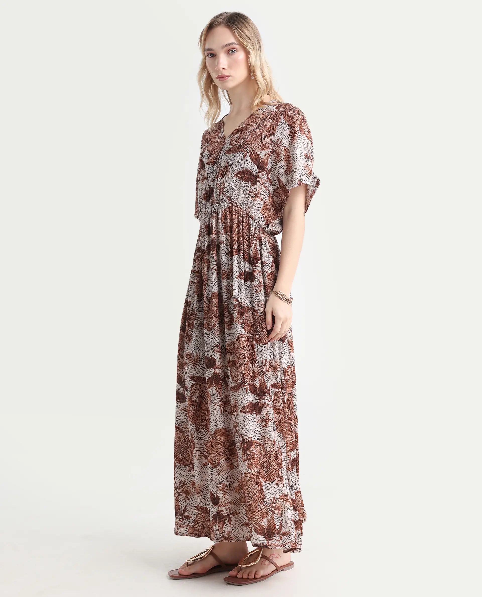 Rareism Women's Rayo Dusky Beige Viscose V-Neck Abstract Print Extended Sleeves Maxi Relaxed Fit Dress