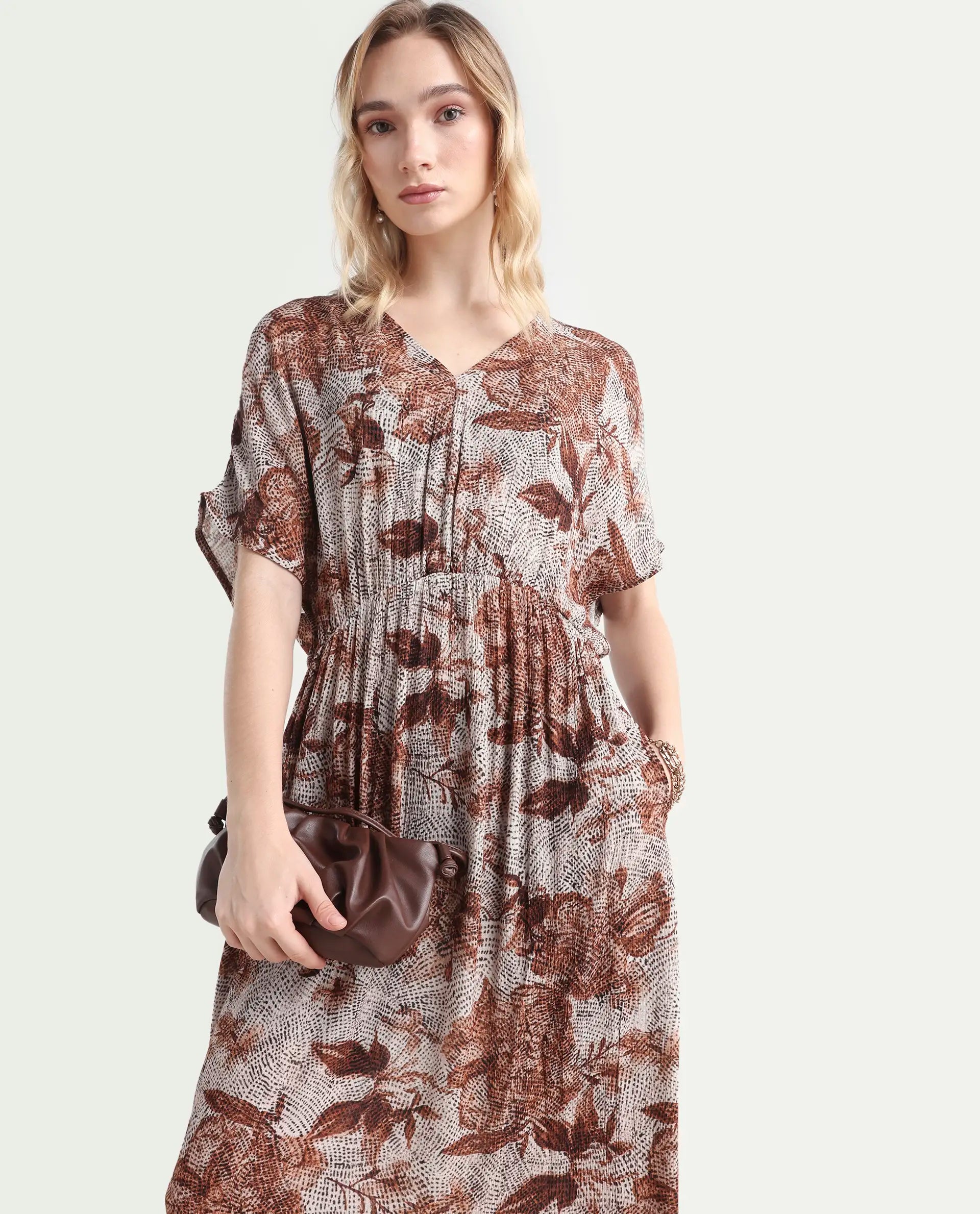 Rareism Women's Rayo Dusky Beige Viscose V-Neck Abstract Print Extended Sleeves Maxi Relaxed Fit Dress