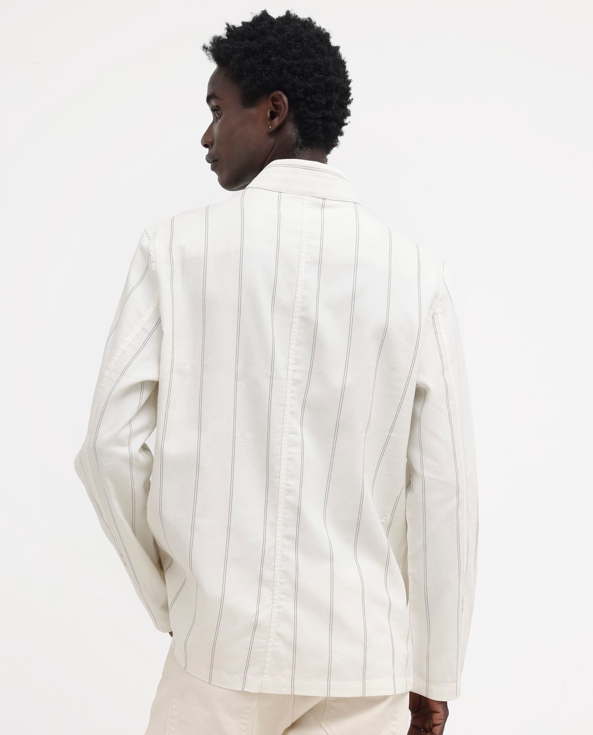 Rare Rabbit Mens Ray Off White Cotton Fabric Full Sleeves Mandarin Collar Stripe Jacket