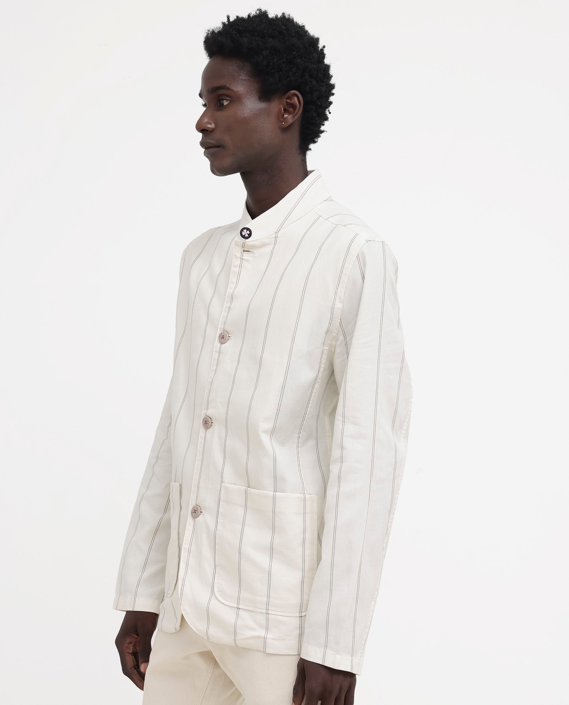 Rare Rabbit Mens Ray Off White Cotton Fabric Full Sleeves Mandarin Collar Stripe Jacket