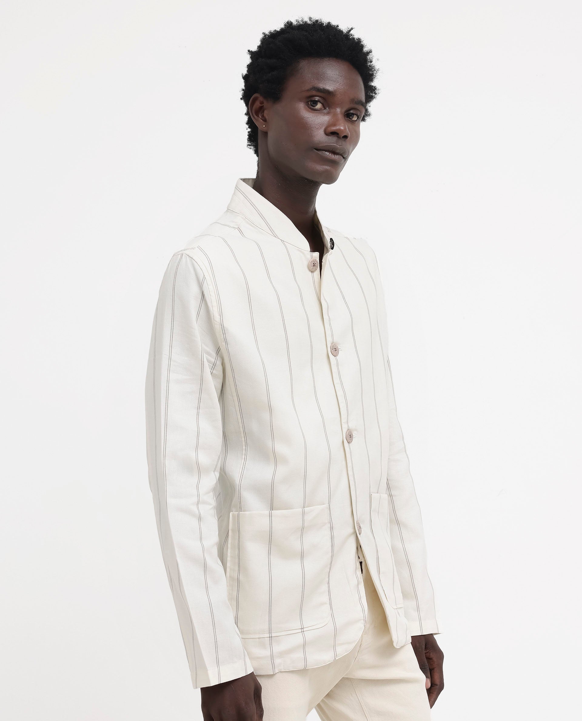 Rare Rabbit Mens Ray Off White Cotton Fabric Full Sleeves Mandarin Collar Stripe Jacket