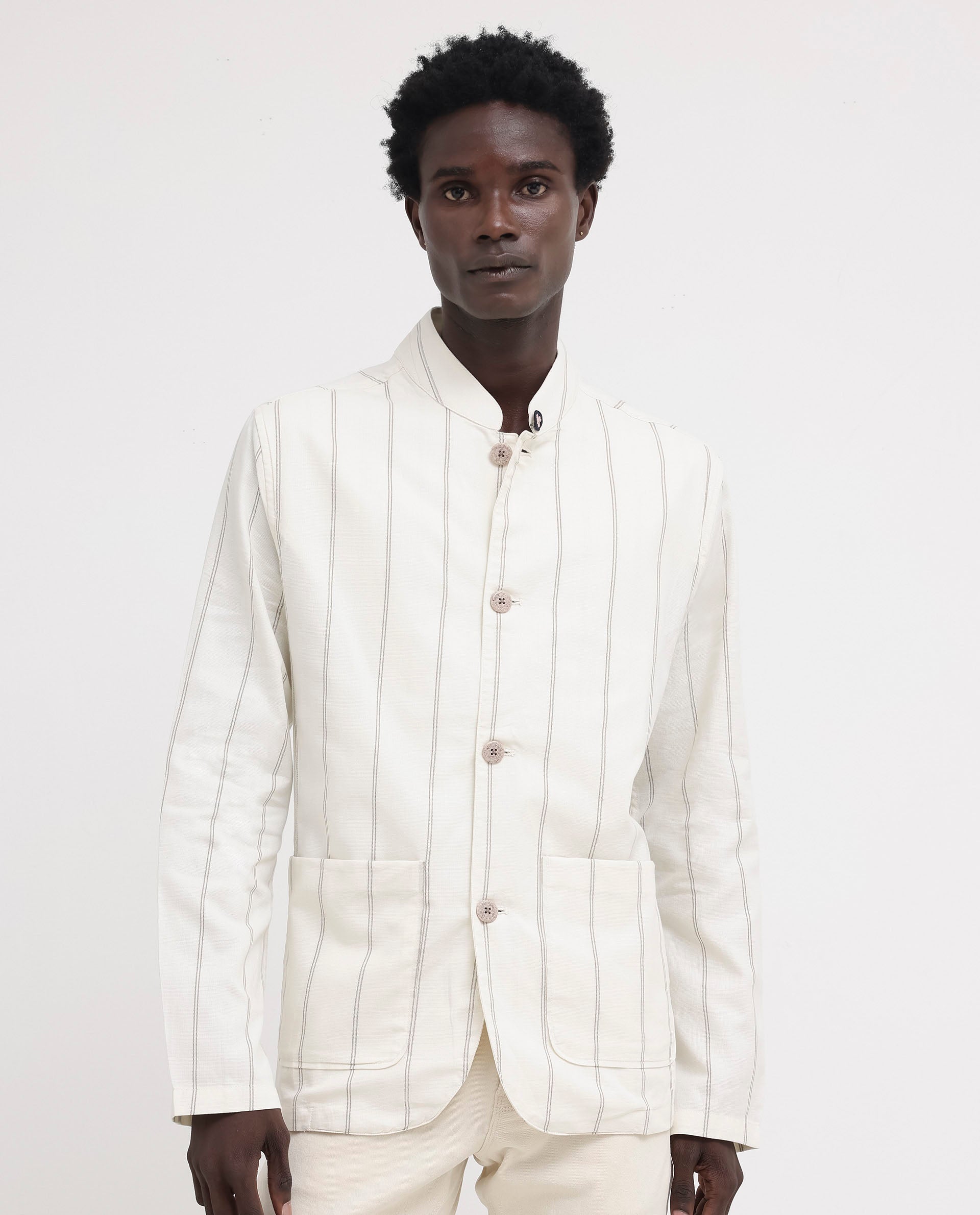 Rare Rabbit Mens Ray Off White Cotton Fabric Full Sleeves Mandarin Collar Stripe Jacket