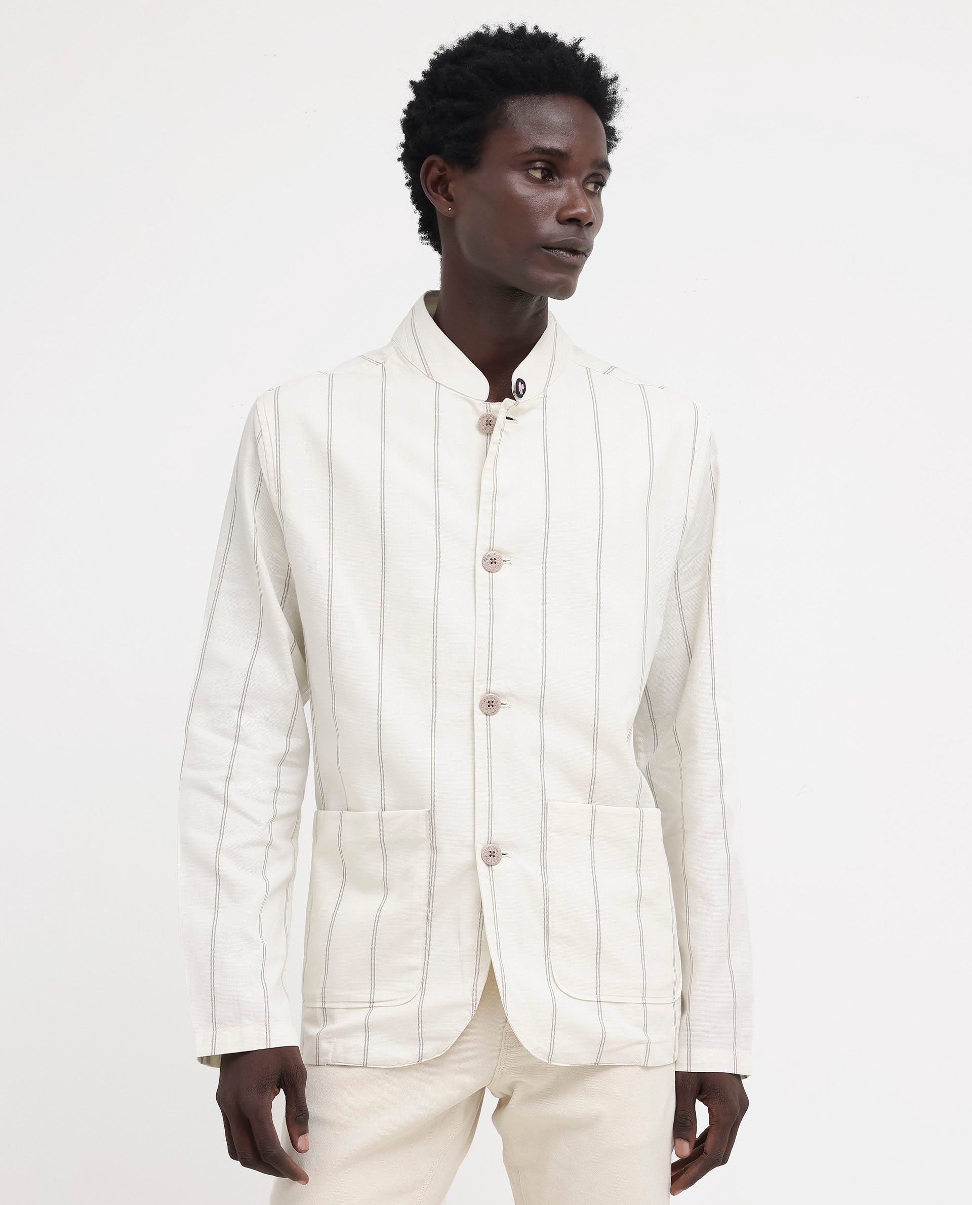 Rare Rabbit Mens Ray Off White Cotton Fabric Full Sleeves Mandarin Collar Stripe Jacket
