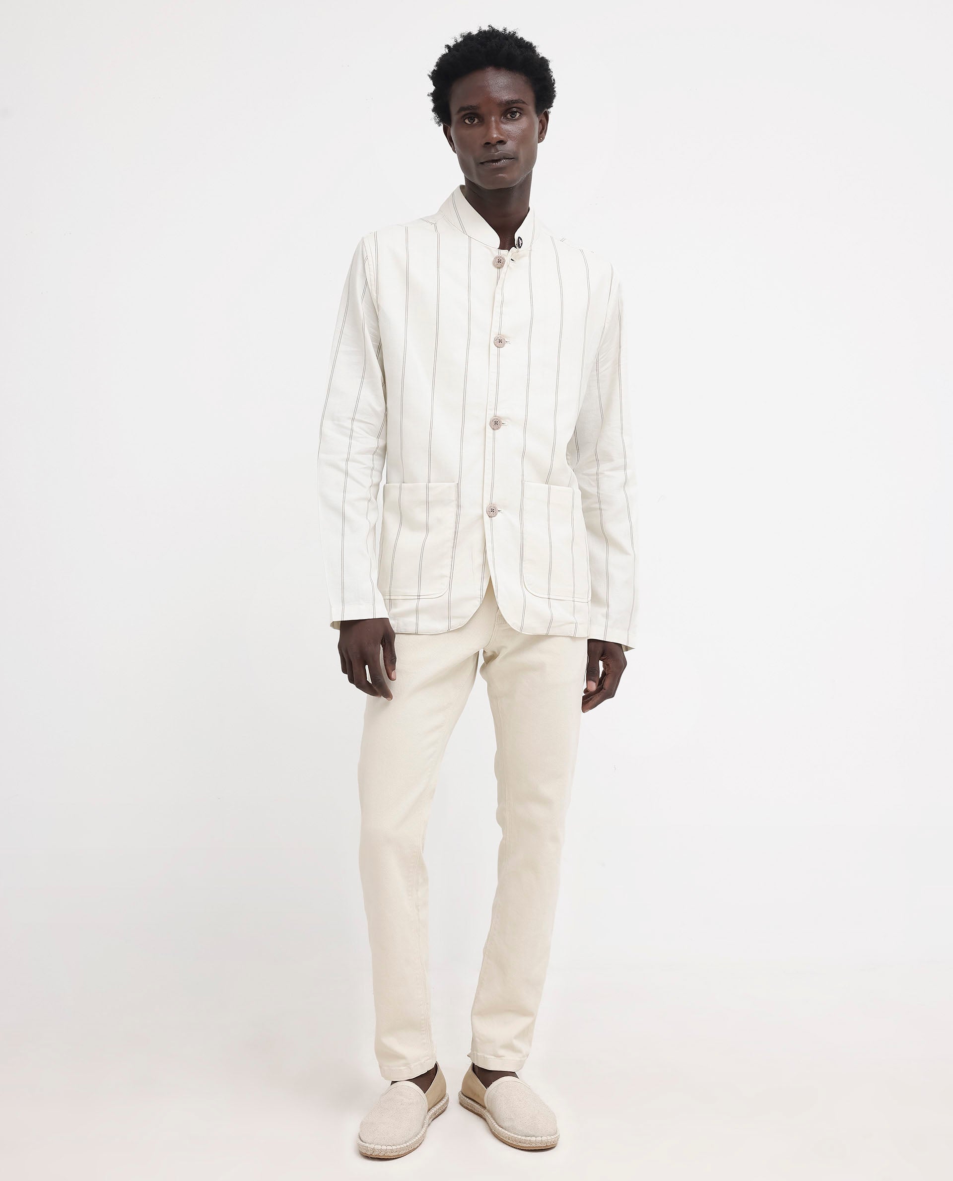 Rare Rabbit Mens Ray Off White Cotton Fabric Full Sleeves Mandarin Collar Stripe Jacket