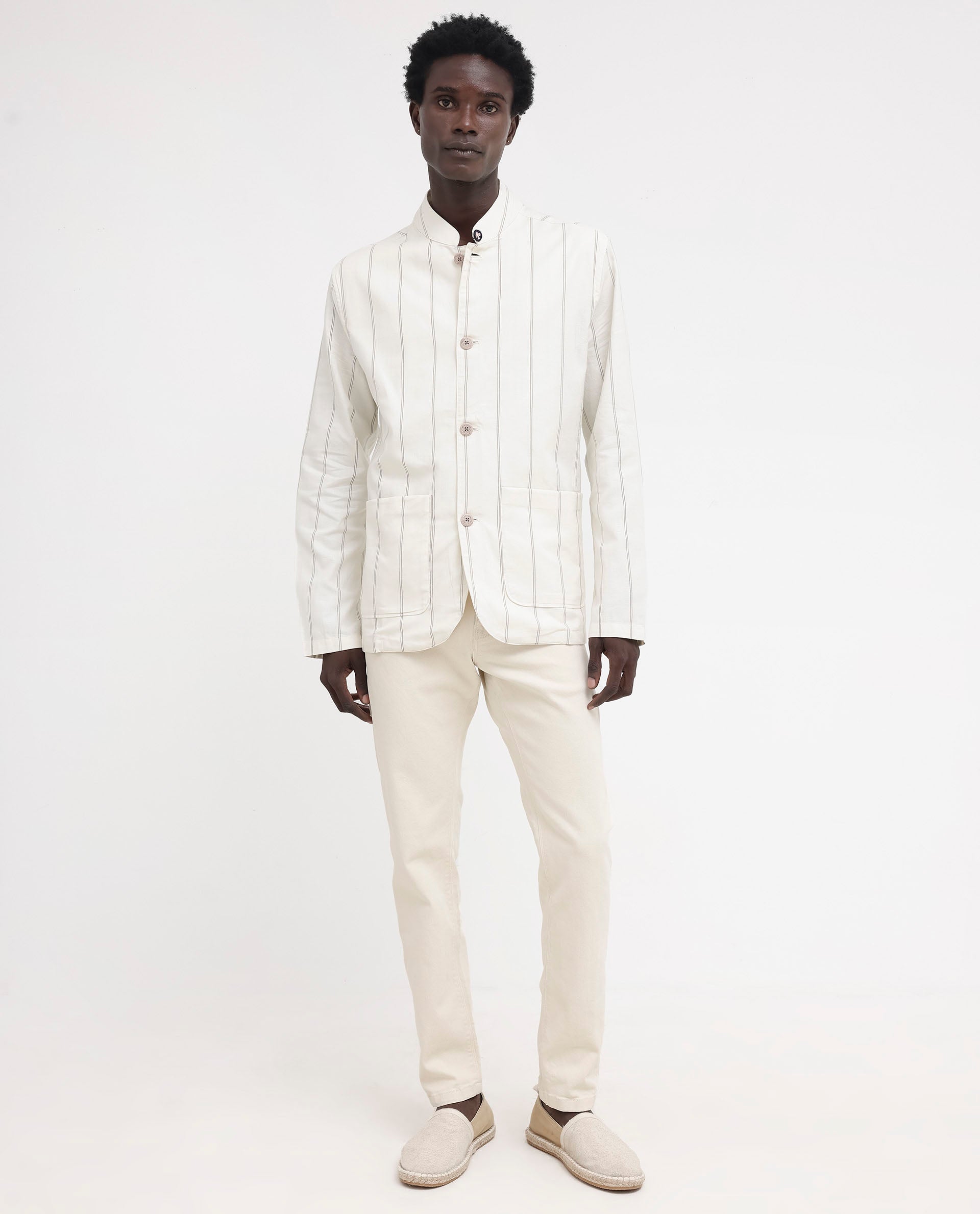 Rare Rabbit Mens Ray Off White Cotton Fabric Full Sleeves Mandarin Collar Stripe Jacket