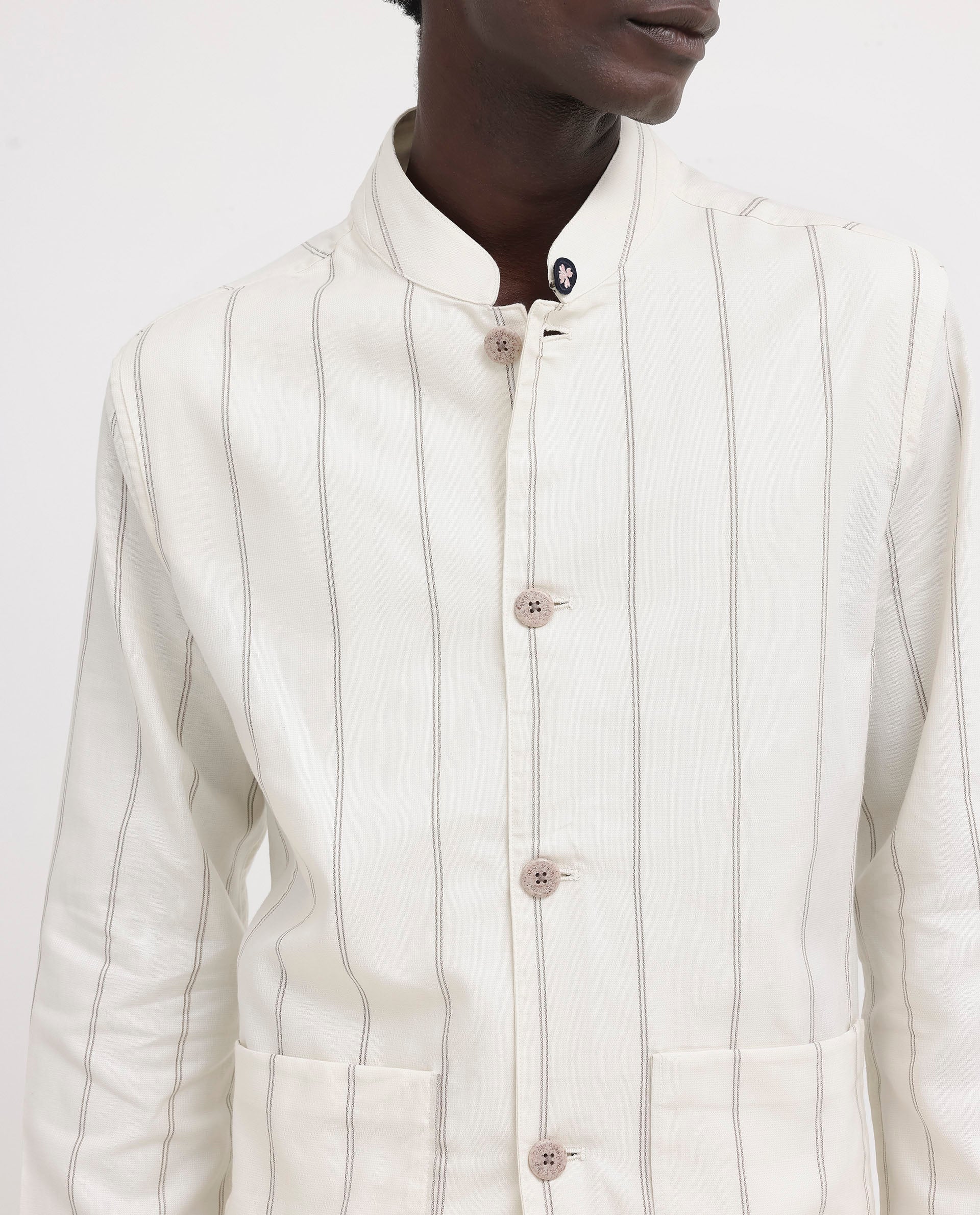 Rare Rabbit Mens Ray Off White Cotton Fabric Full Sleeves Mandarin Collar Stripe Jacket