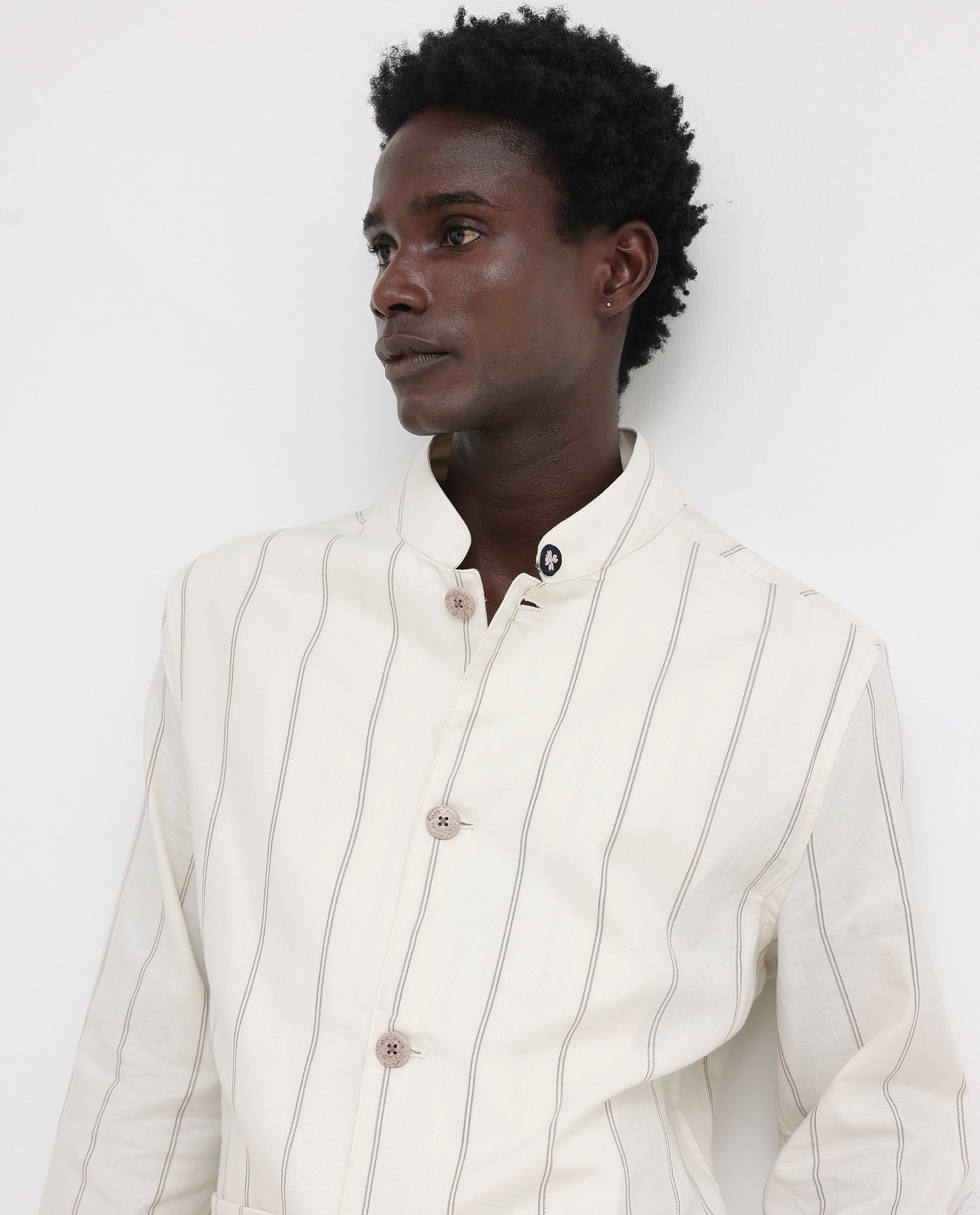 Rare Rabbit Mens Ray Off White Cotton Fabric Full Sleeves Mandarin Collar Stripe Jacket