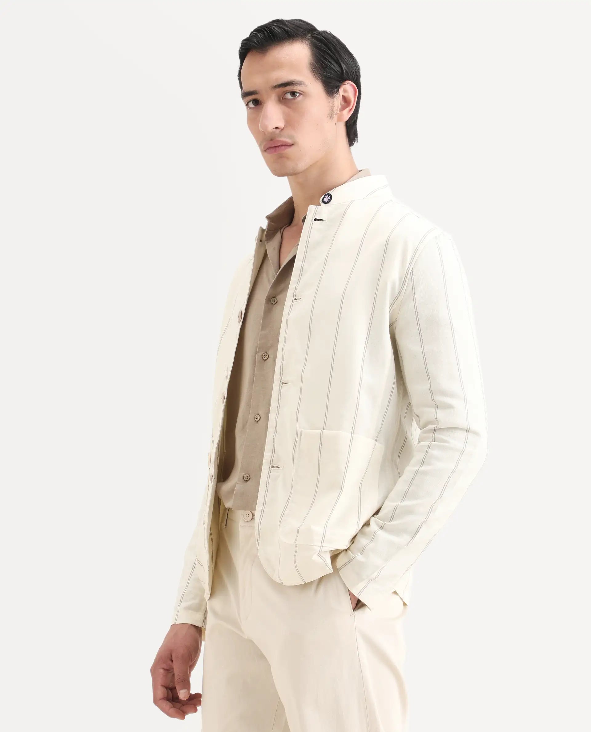 Rare Rabbit Men's Ray Off White Cotton Striped Print Relaxed Fit Full Sleeve Mandarin Collar Jacket