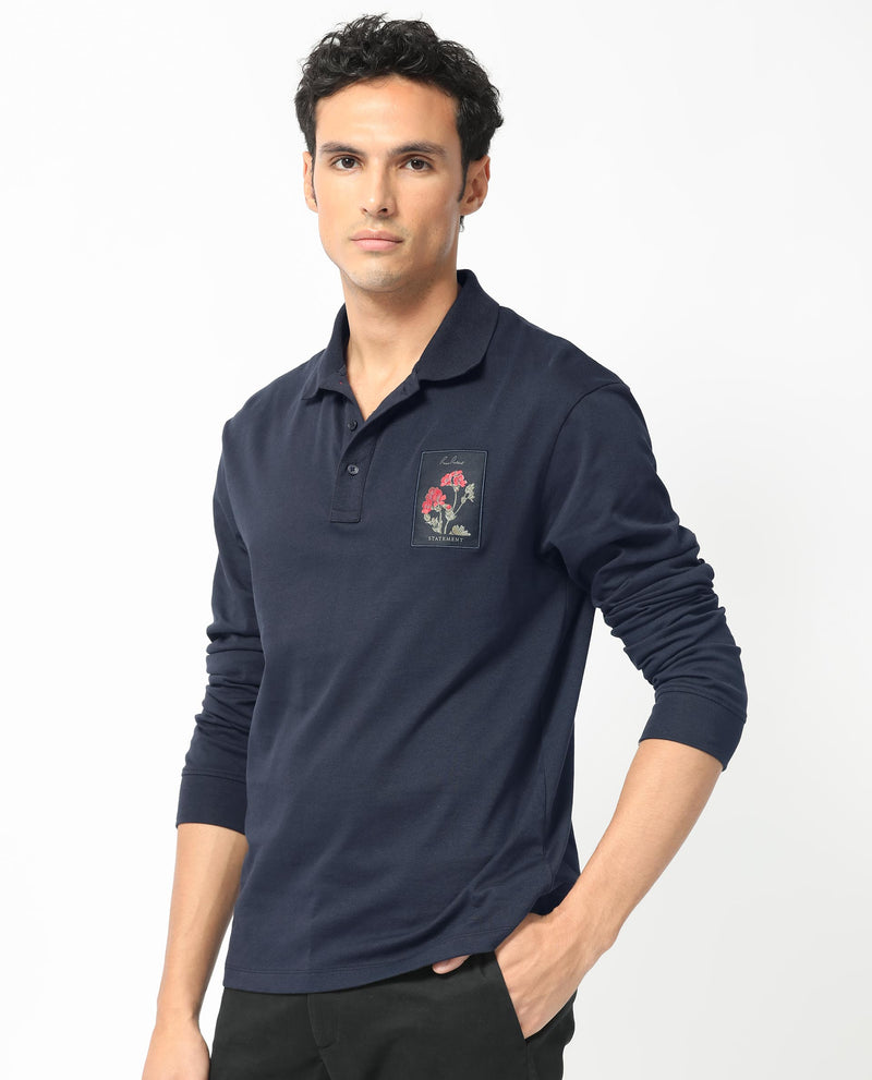 Rare Rabbit Men's Raz Navy Collared Neck Statement Chest Label Full Sleeve Polo T-Shirt