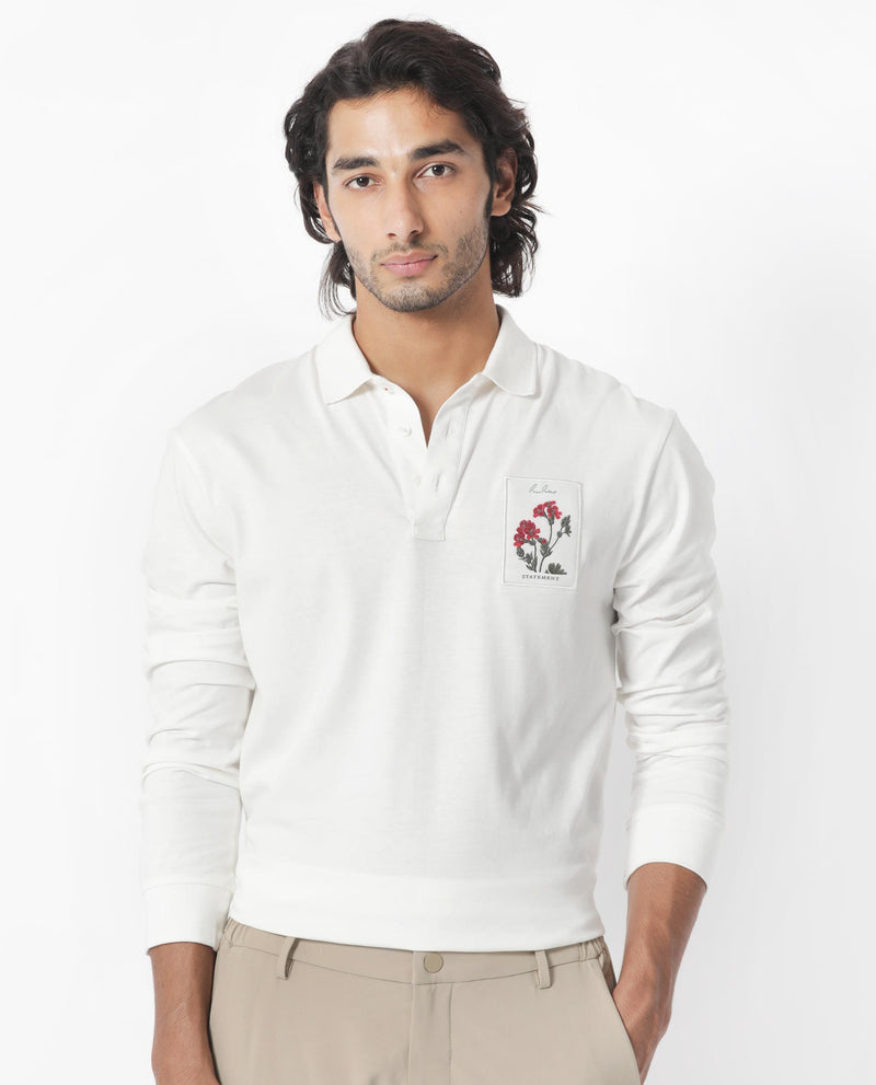 Rare Rabbit Men's Raz Off White Collared Neck Statement Chest Label Full Sleeve Polo T-Shirt