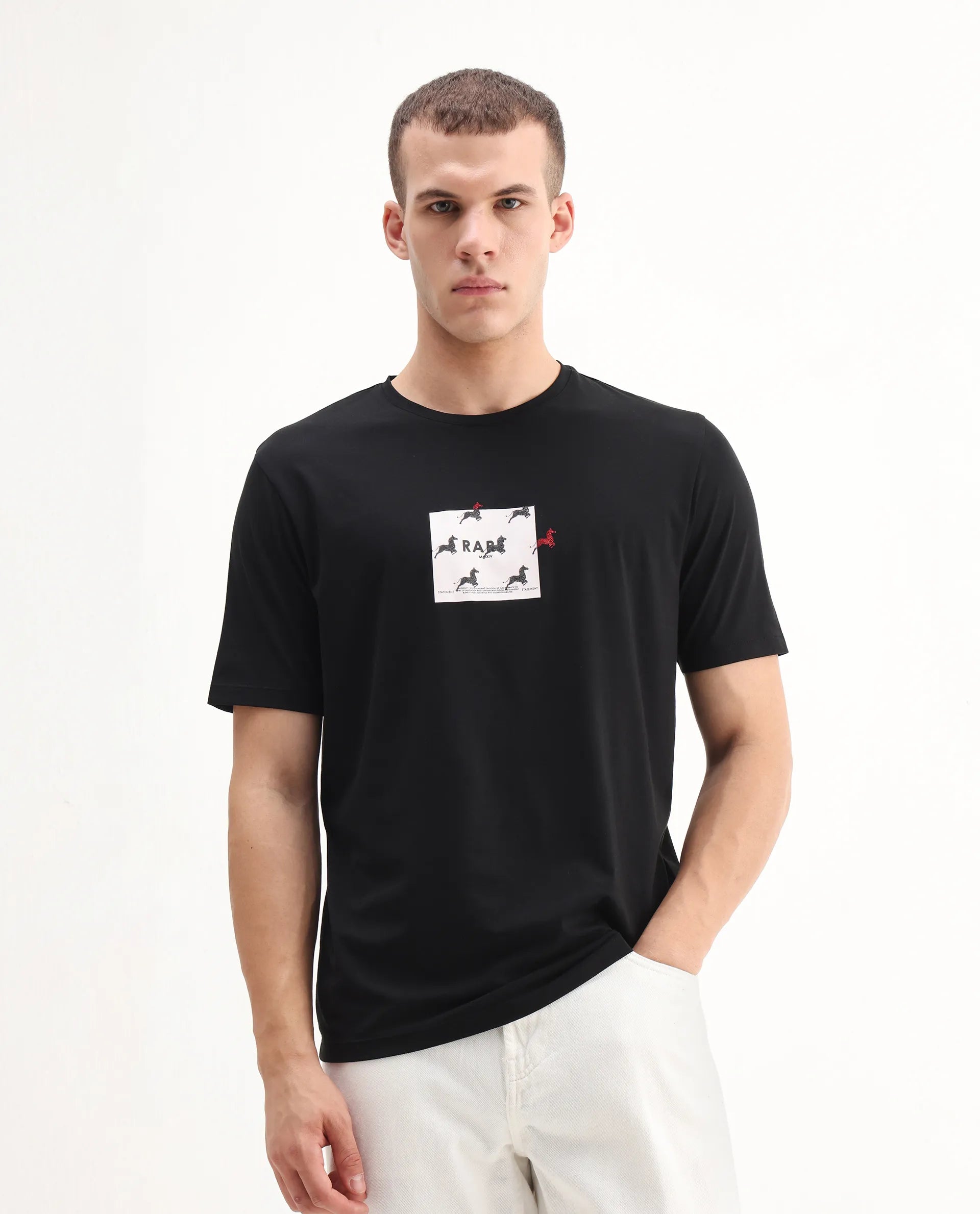 Rare Rabbit Men's Raze Black Cotton Blend Graphic Print Regular Fit Half Sleeve Crew Neck T-Shirt