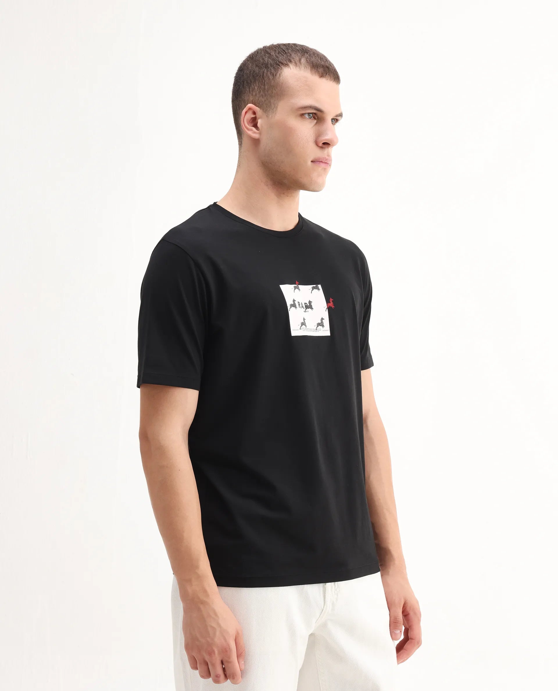 Rare Rabbit Men's Raze Black Cotton Blend Graphic Print Regular Fit Half Sleeve Crew Neck T-Shirt