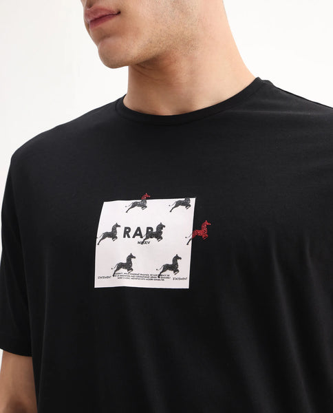 Rare Rabbit Men's Raze Black Cotton Blend Graphic Print Regular Fit Ha