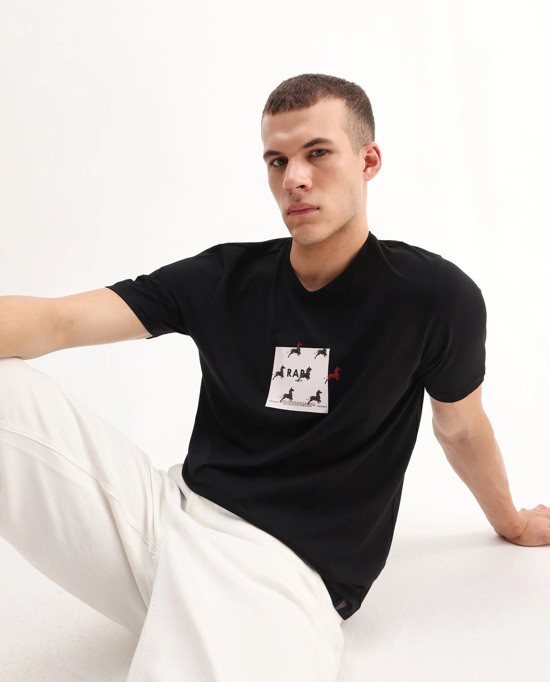 Rare Rabbit Men's Raze Black Cotton Blend Graphic Print Regular Fit Half Sleeve Crew Neck T-Shirt