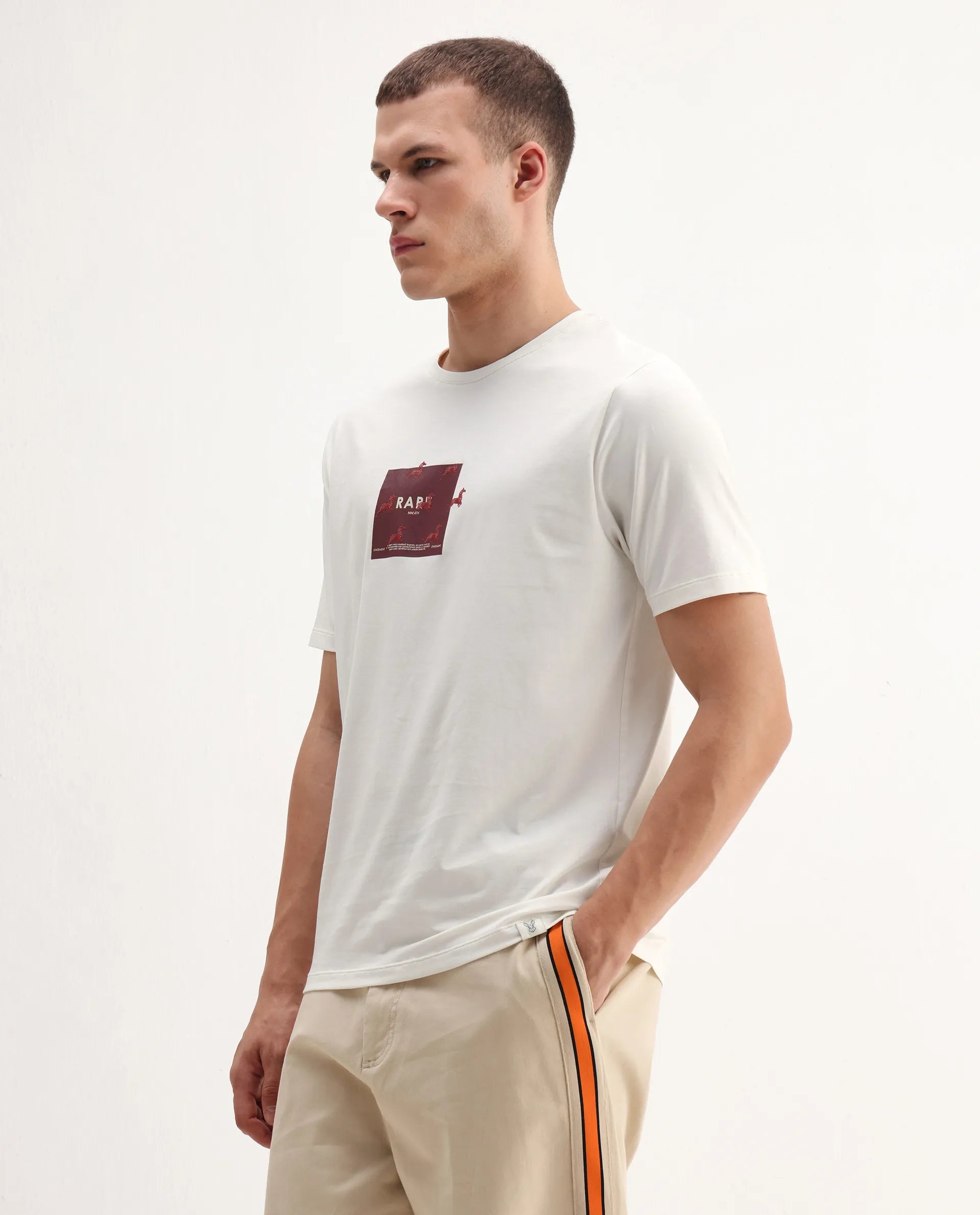 Rare Rabbit Men's Raze Off White Cotton Blend Graphic Print Regular Fit Half Sleeve Crew Neck T-Shirt