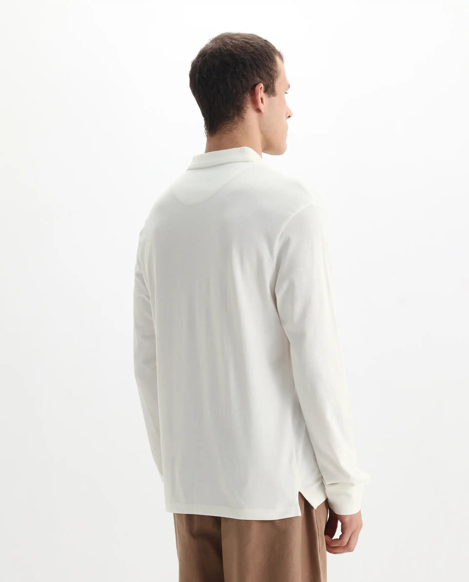 Rare Rabbit Men's Raz Off White Cotton Plain Regular Fit Full Sleeve Polo