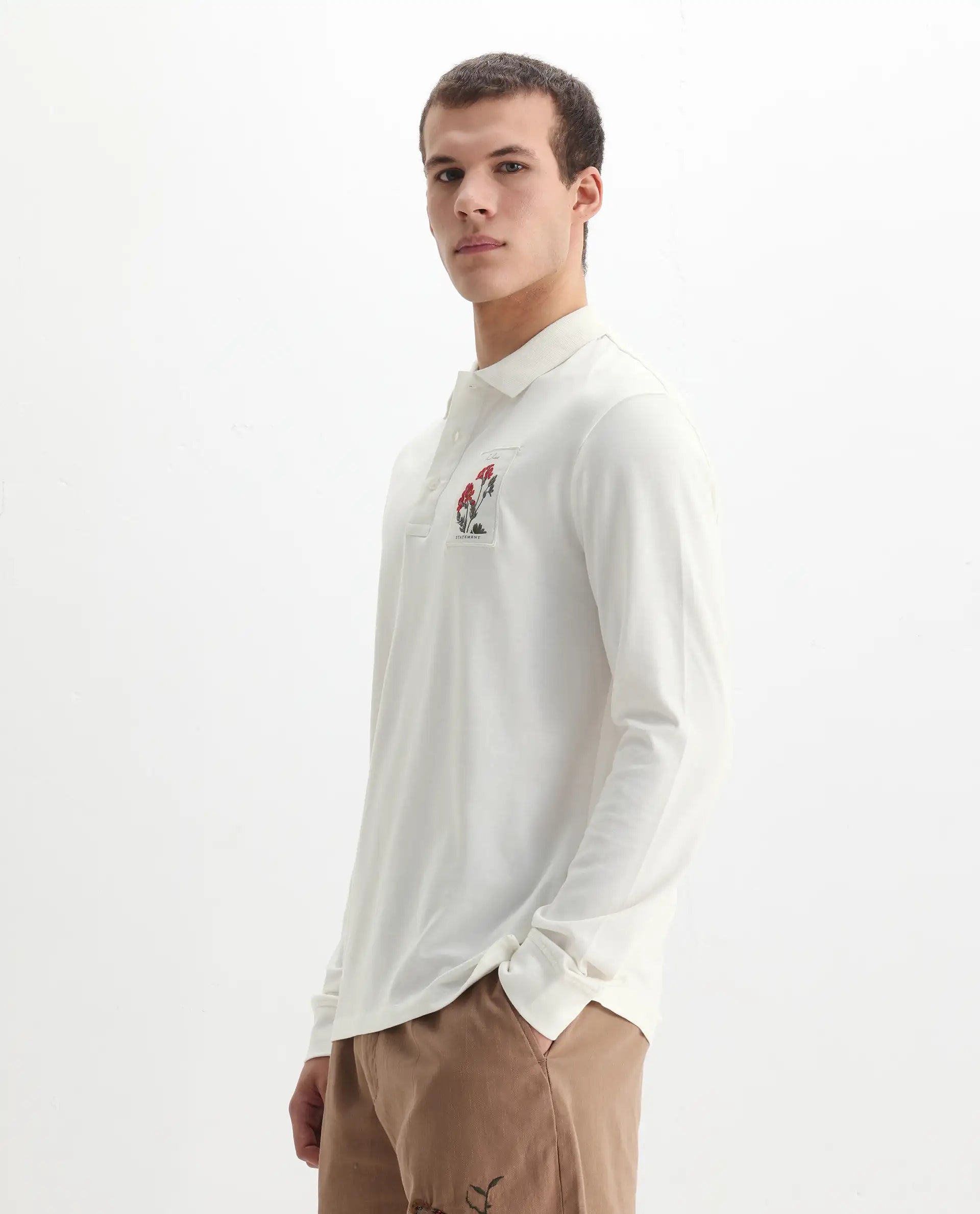 Rare Rabbit Men's Raz Off White Cotton Plain Regular Fit Full Sleeve Polo