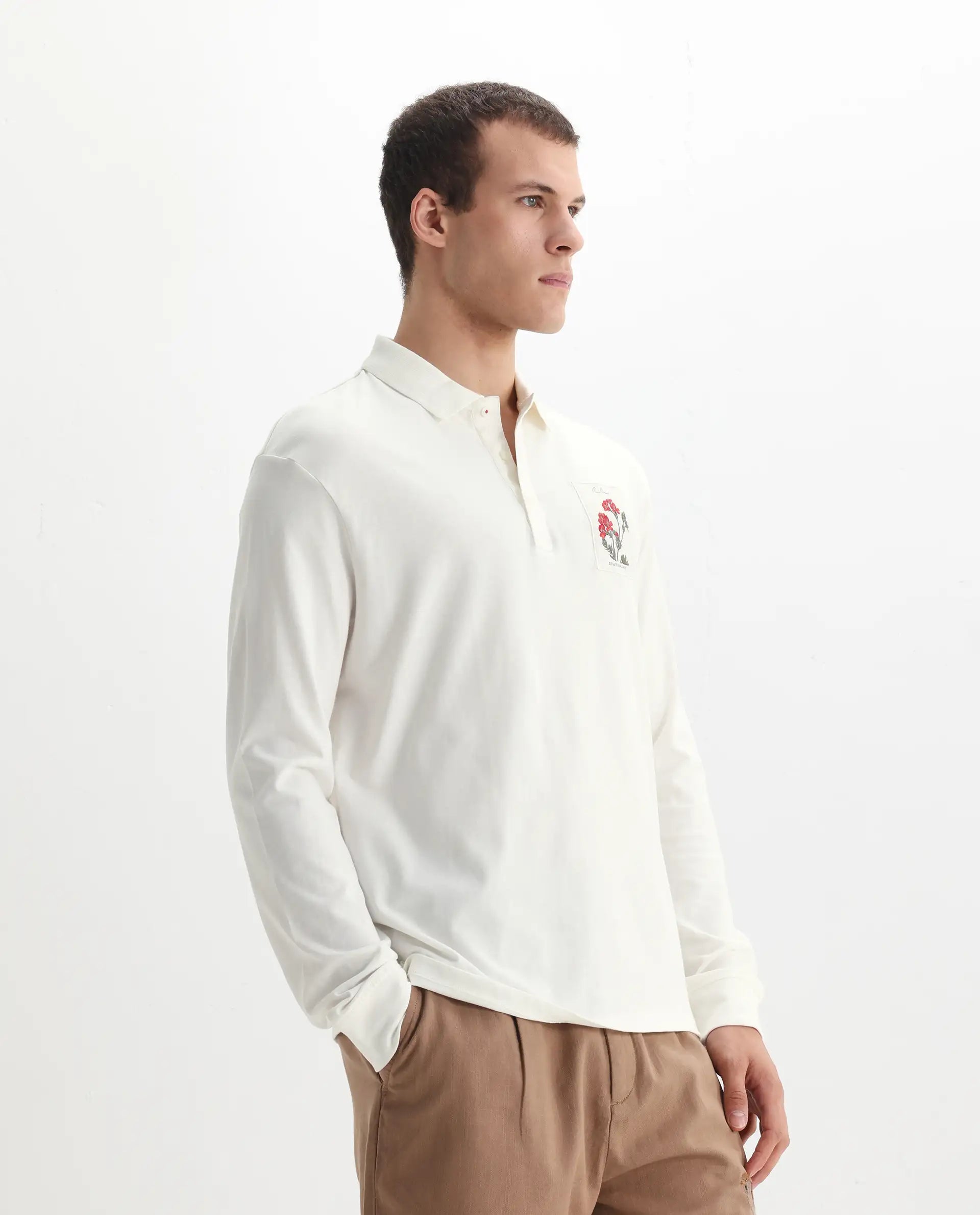 Rare Rabbit Men's Raz Off White Cotton Plain Regular Fit Full Sleeve Polo