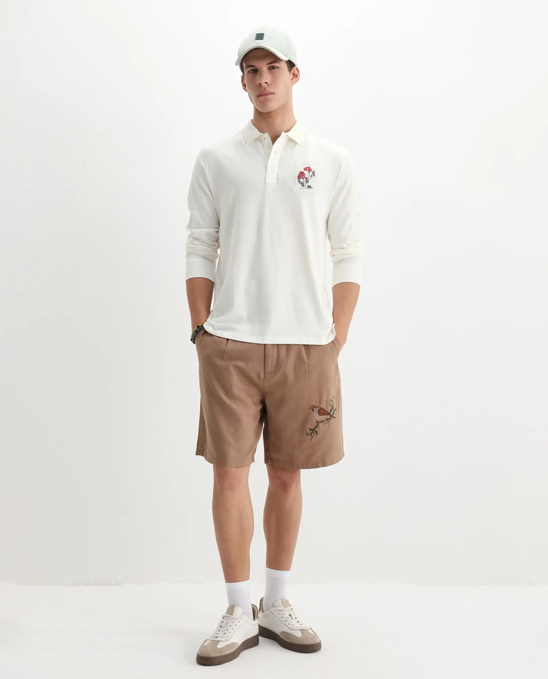 Rare Rabbit Men's Raz Off White Cotton Plain Regular Fit Full Sleeve Polo