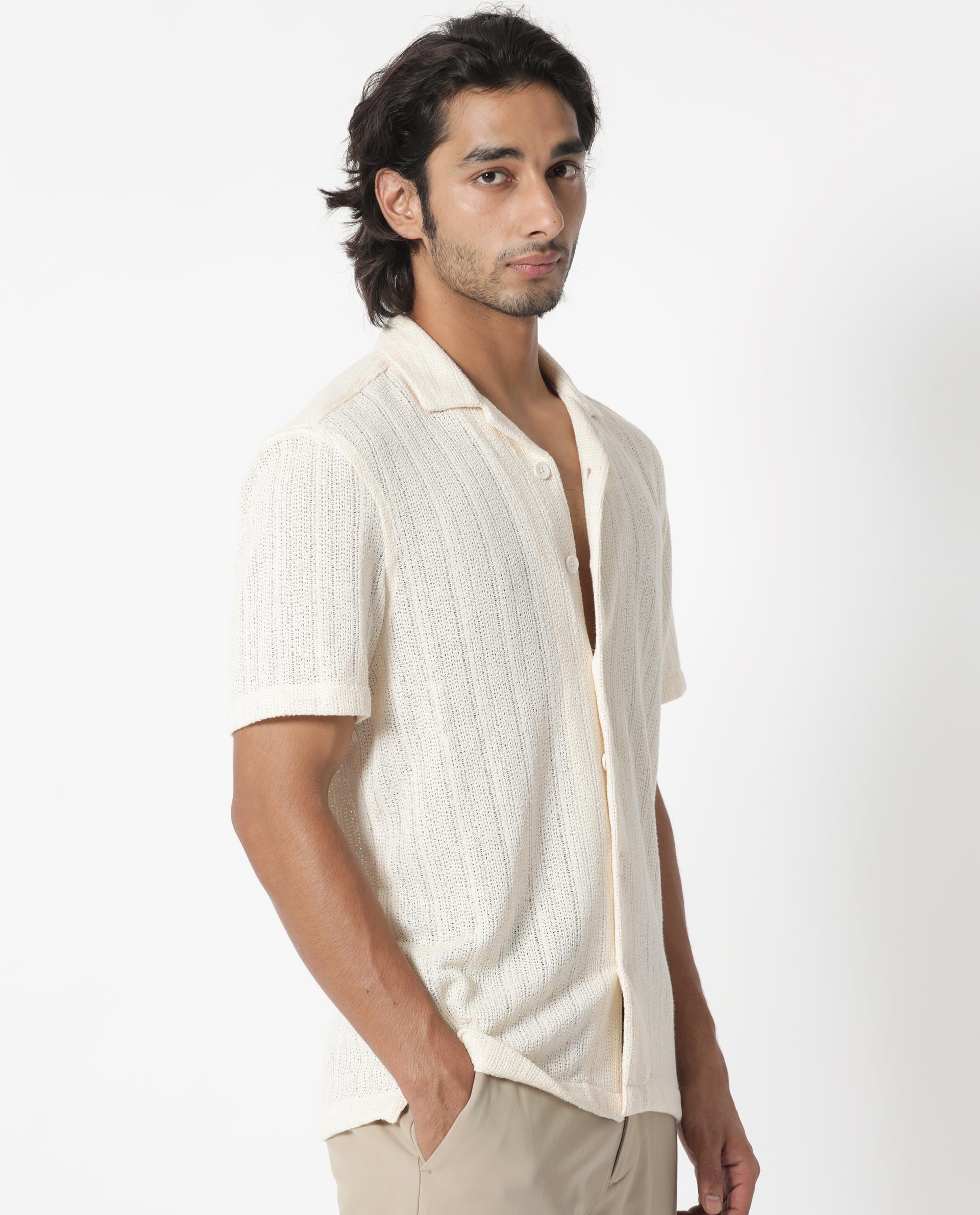 Rare Rabbit Men's Reach Off White Cotton Viscose Fabric Cuban Collar Half Sleeves Knitted Shirt