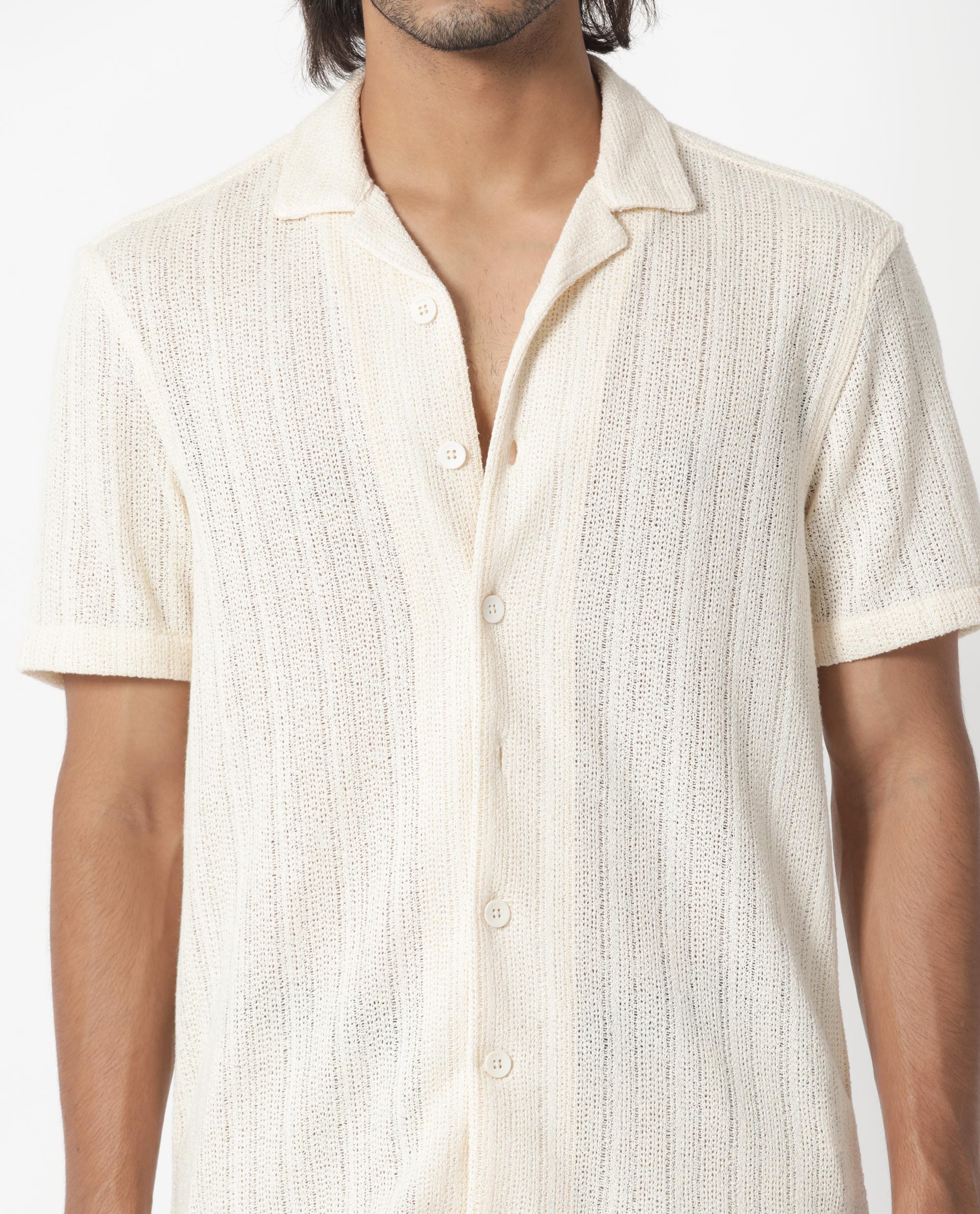Rare Rabbit Men's Reach Off White Cotton Viscose Fabric Cuban Collar Half Sleeves Knitted Shirt