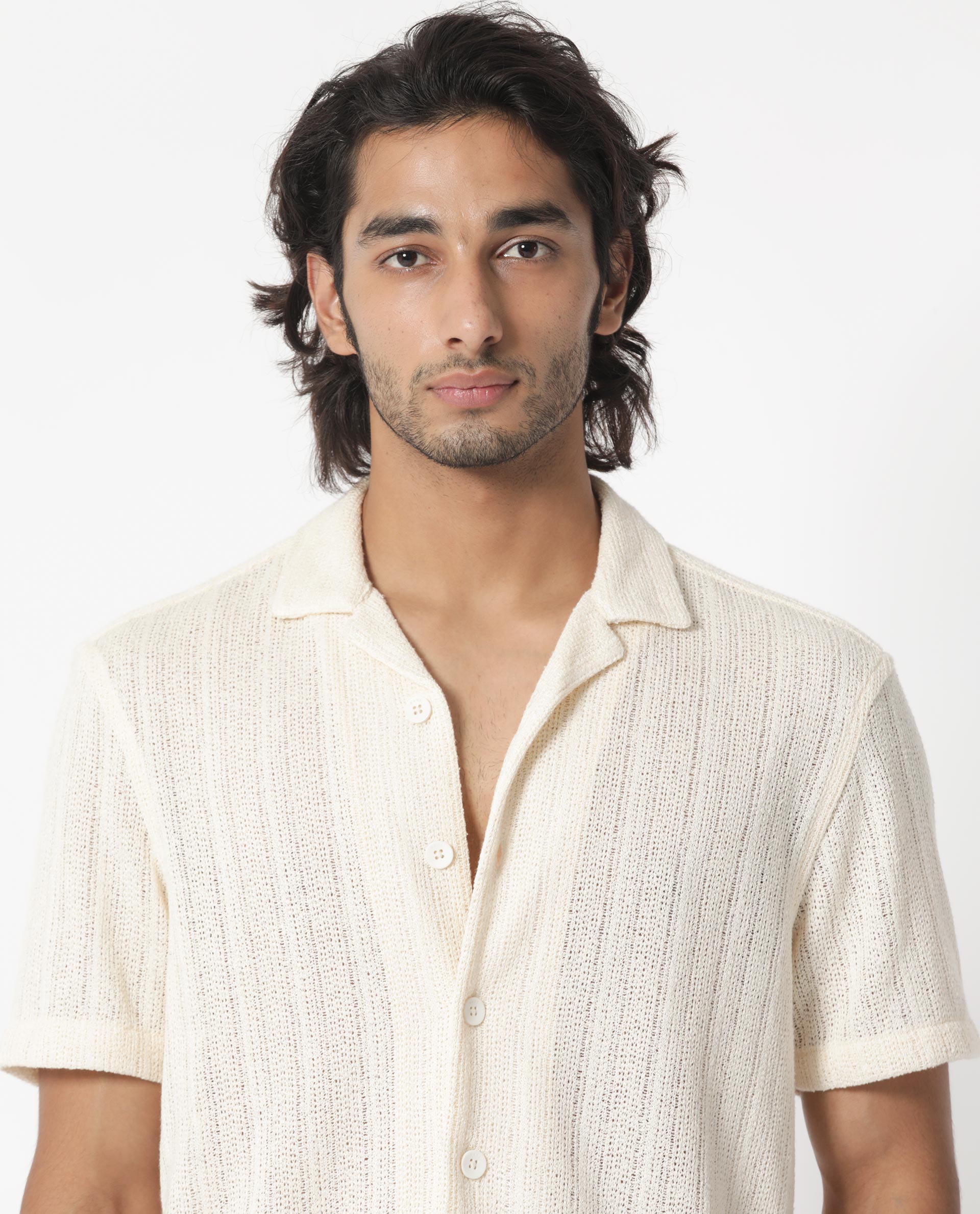 Rare Rabbit Men's Reach Off White Cotton Viscose Fabric Cuban Collar Half Sleeves Knitted Shirt