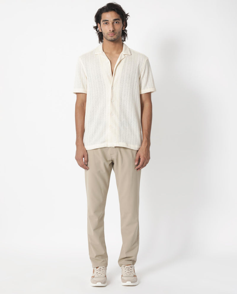 Rare Rabbit Men's Reach Off White Cotton Viscose Fabric Cuban Collar Half Sleeves Knitted Shirt