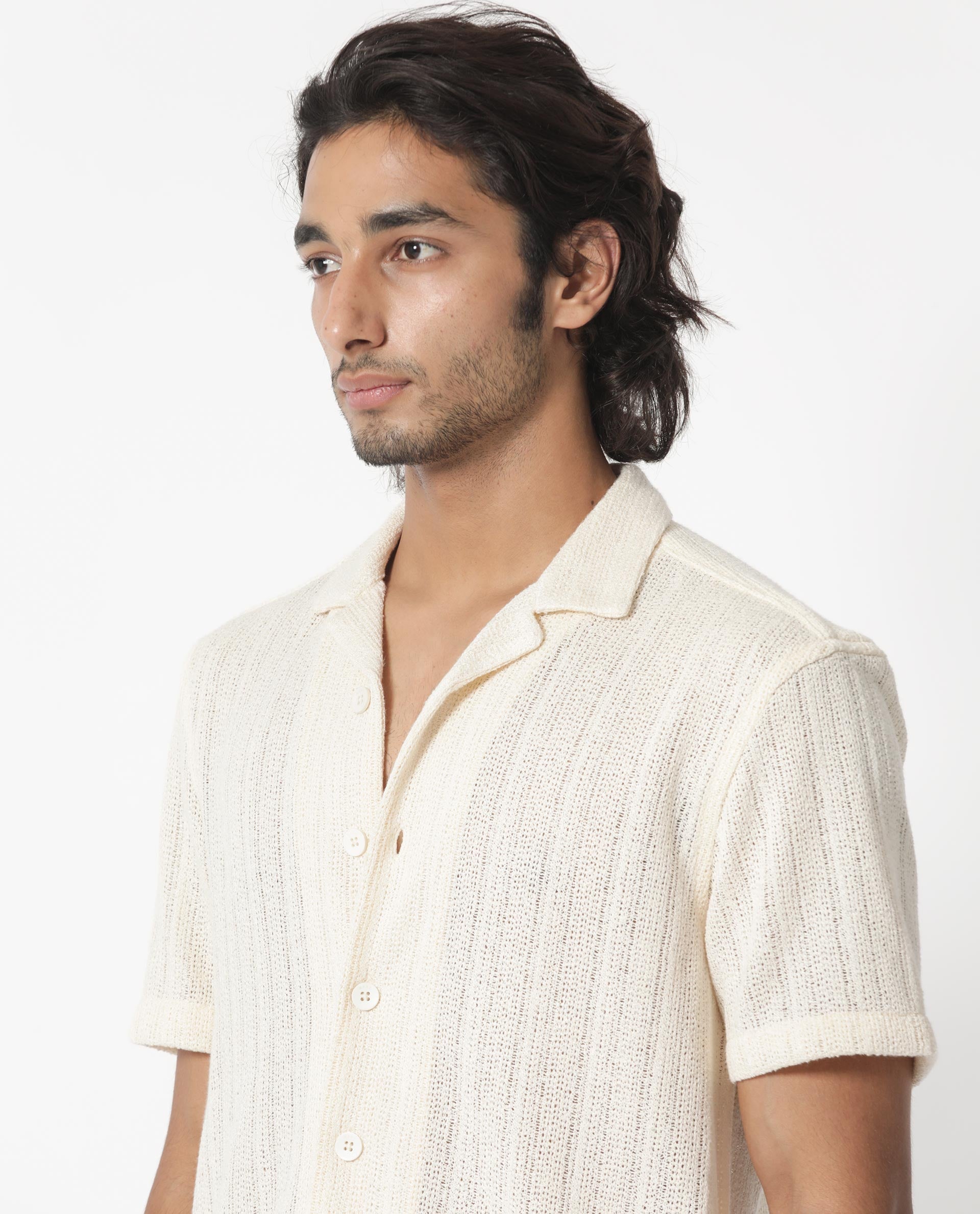 Rare Rabbit Men's Reach Off White Cotton Viscose Fabric Cuban Collar Half Sleeves Knitted Shirt