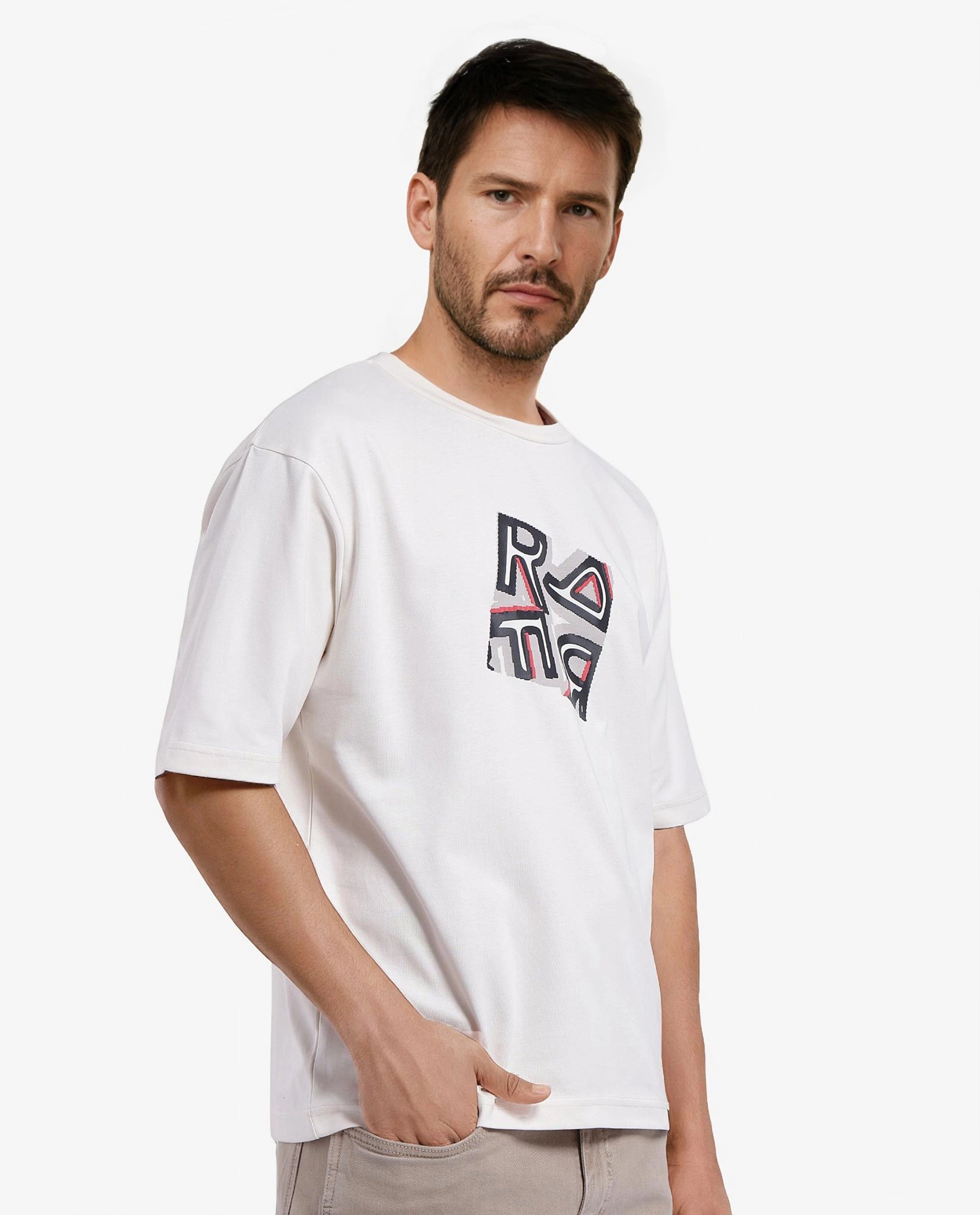 Rare Rabbit Men Reat Off White Cotton Lycra Fabric Short Sleeve Crew Neck Boxy Fit Chest Print T-Shirt
