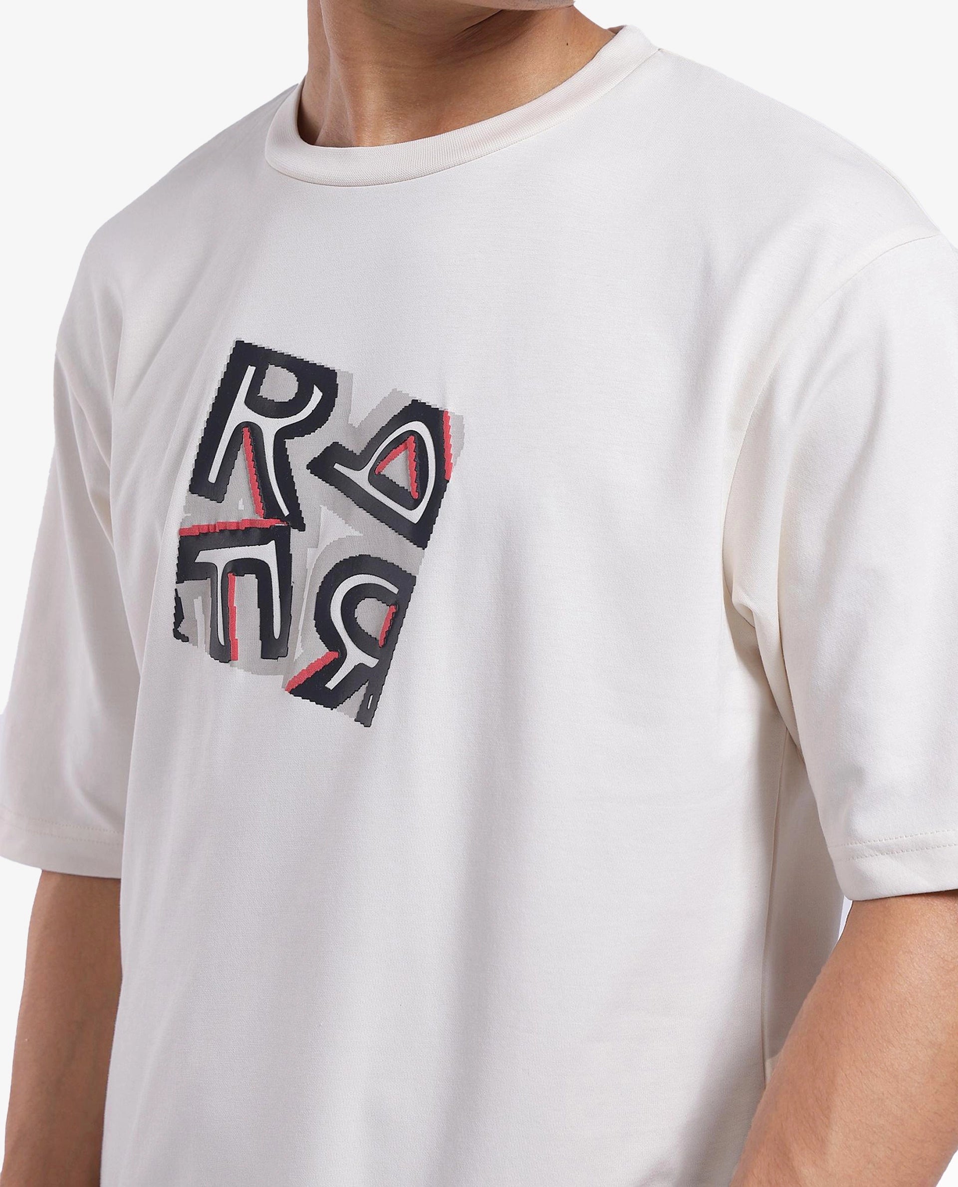 Rare Rabbit Men Reat Off White Cotton Lycra Fabric Short Sleeve Crew Neck Boxy Fit Chest Print T-Shirt