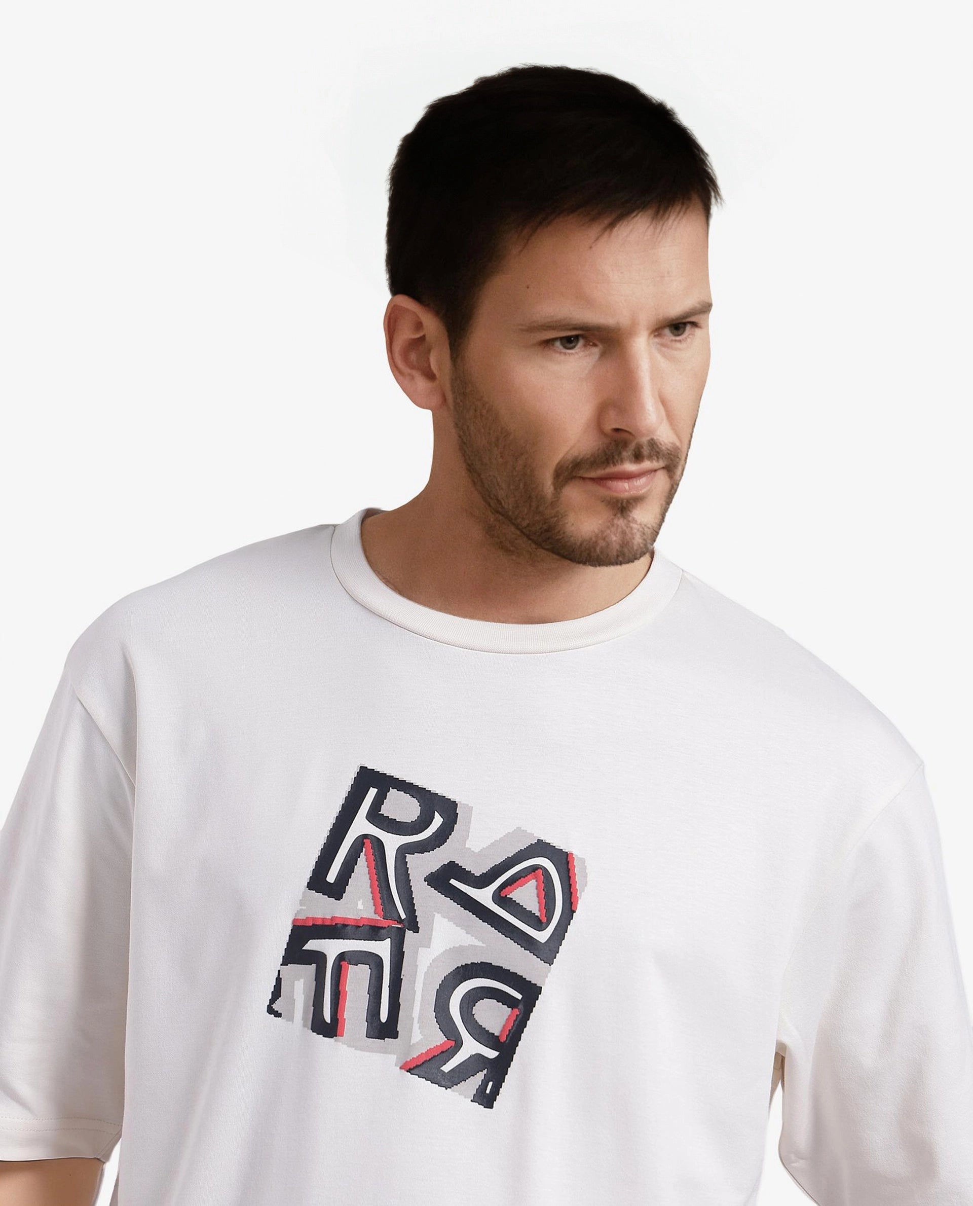 Rare Rabbit Men Reat Off White Cotton Lycra Fabric Short Sleeve Crew Neck Boxy Fit Chest Print T-Shirt