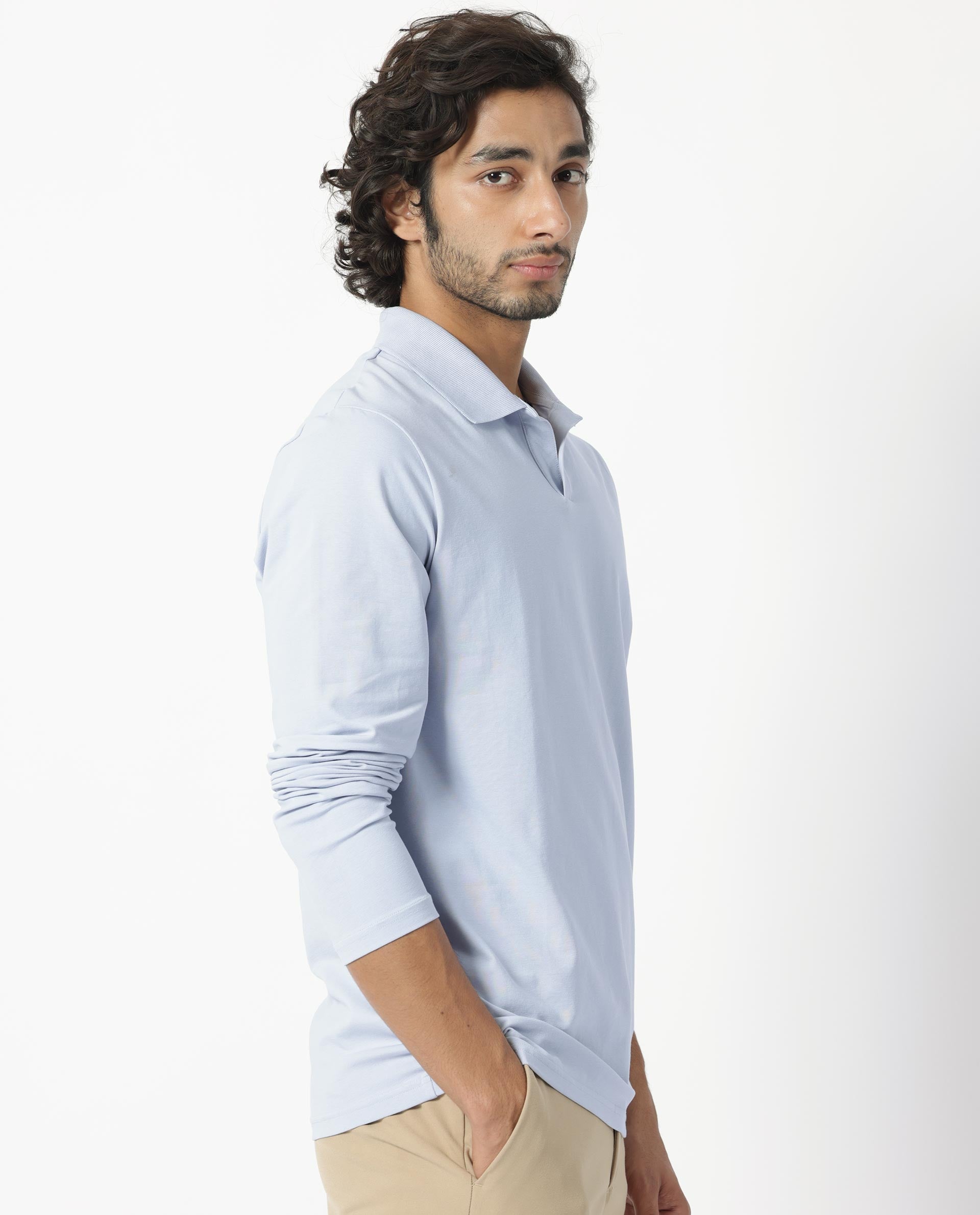 Rare Rabbit Men's Reborn-1 Light Blue Cotton Fabric Johnny Collar Full Sleeve Polo T-Shirt