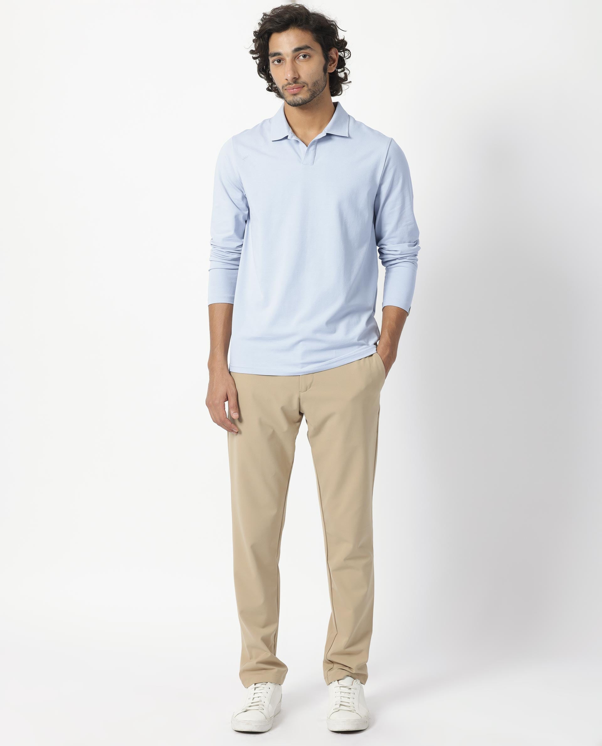 Rare Rabbit Men's Reborn-1 Light Blue Cotton Fabric Johnny Collar Full Sleeve Polo T-Shirt