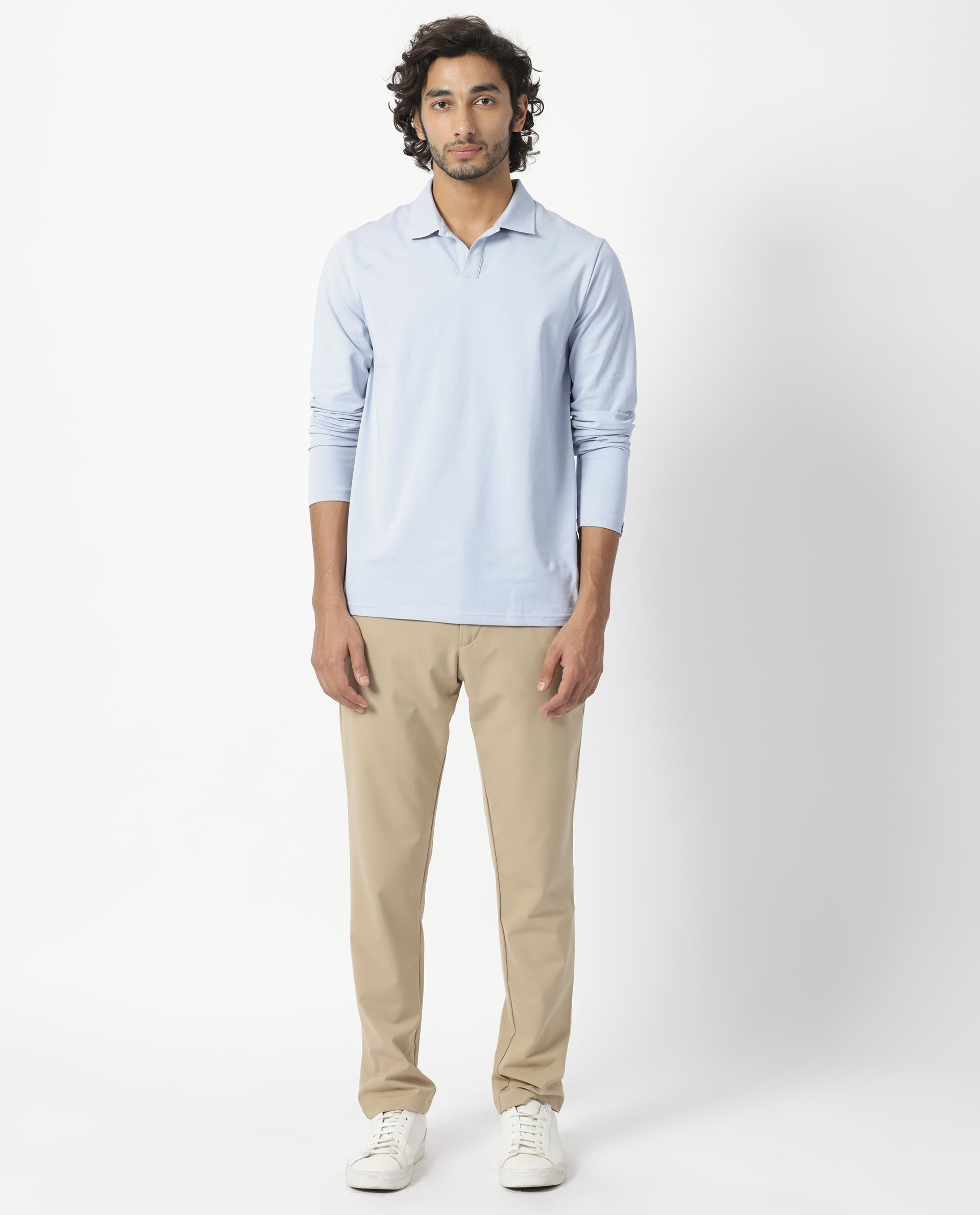 Rare Rabbit Men's Reborn-1 Light Blue Cotton Fabric Johnny Collar Full Sleeve Polo T-Shirt