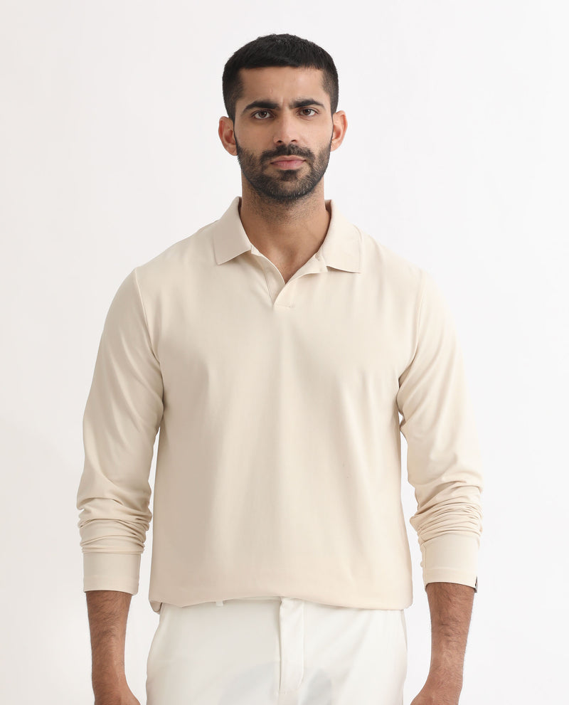 RARE RABBIT MENS REBORN-1 OFF WHITE POLO COTTON LYCRA FABRIC COLLARED NECK FULL SLEEVES REGULAR FIT
