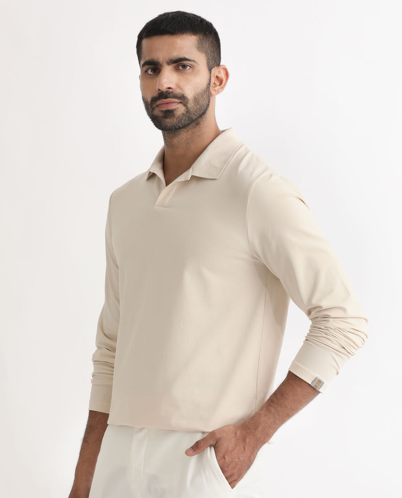 RARE RABBIT MENS REBORN-1 OFF WHITE POLO COTTON LYCRA FABRIC COLLARED NECK FULL SLEEVES REGULAR FIT