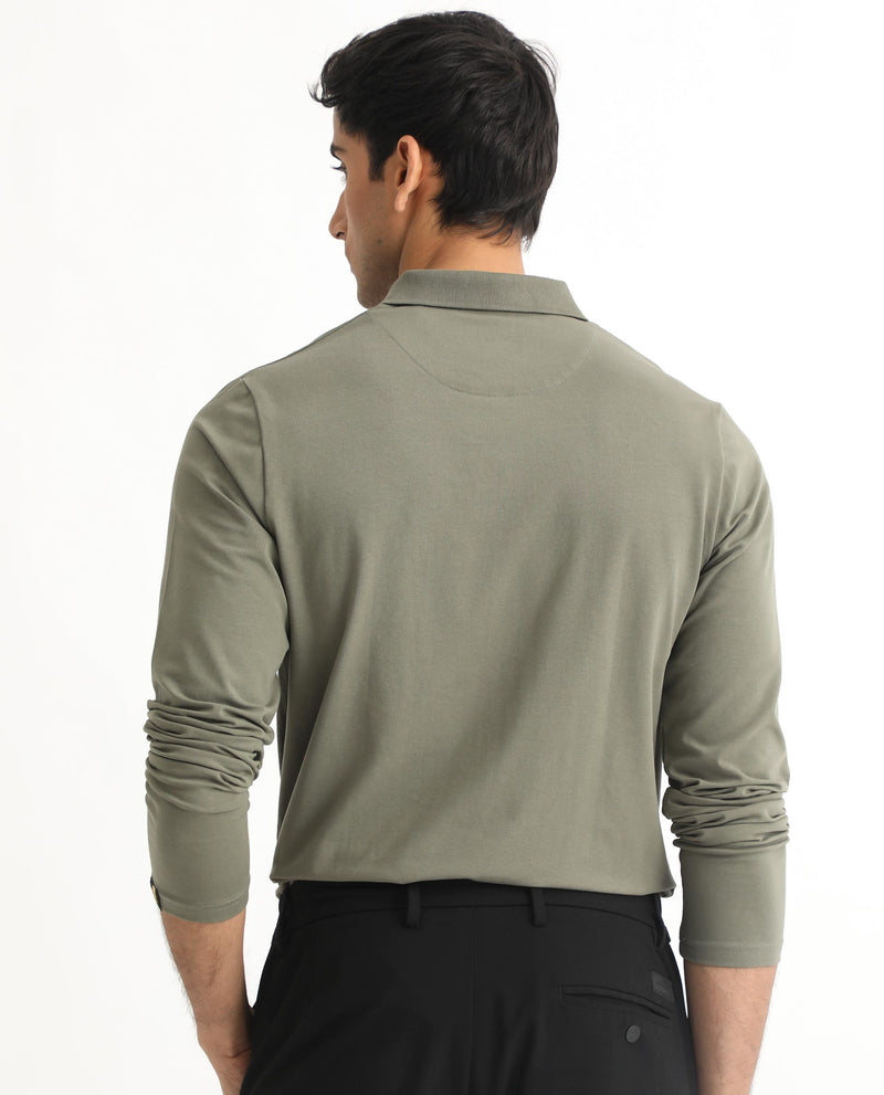 Rare Rabbit Men's Reborn-1 Light Olive Cotton Fabric Johnny Collar Full Sleeve Polo T-Shirt