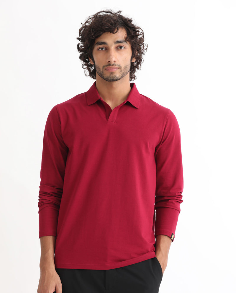 RARE RABBIT MENS REBORN-1 RED POLO COTTON LYCRA FABRIC COLLARED NECK FULL SLEEVES REGULAR FIT