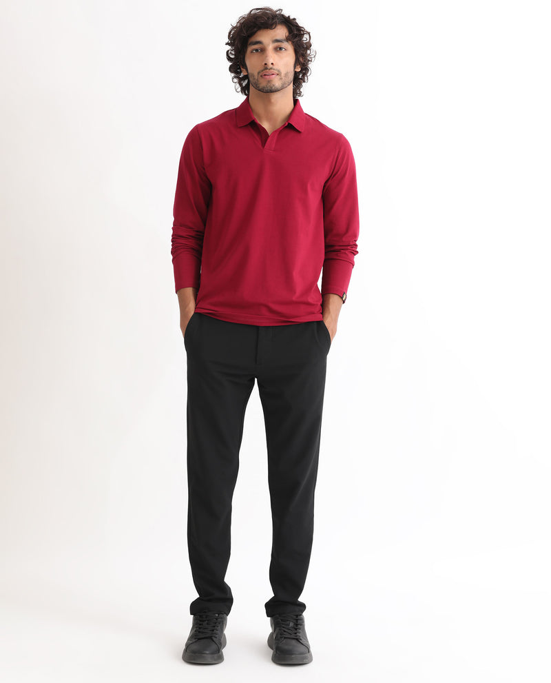 RARE RABBIT MENS REBORN-1 RED POLO COTTON LYCRA FABRIC COLLARED NECK FULL SLEEVES REGULAR FIT
