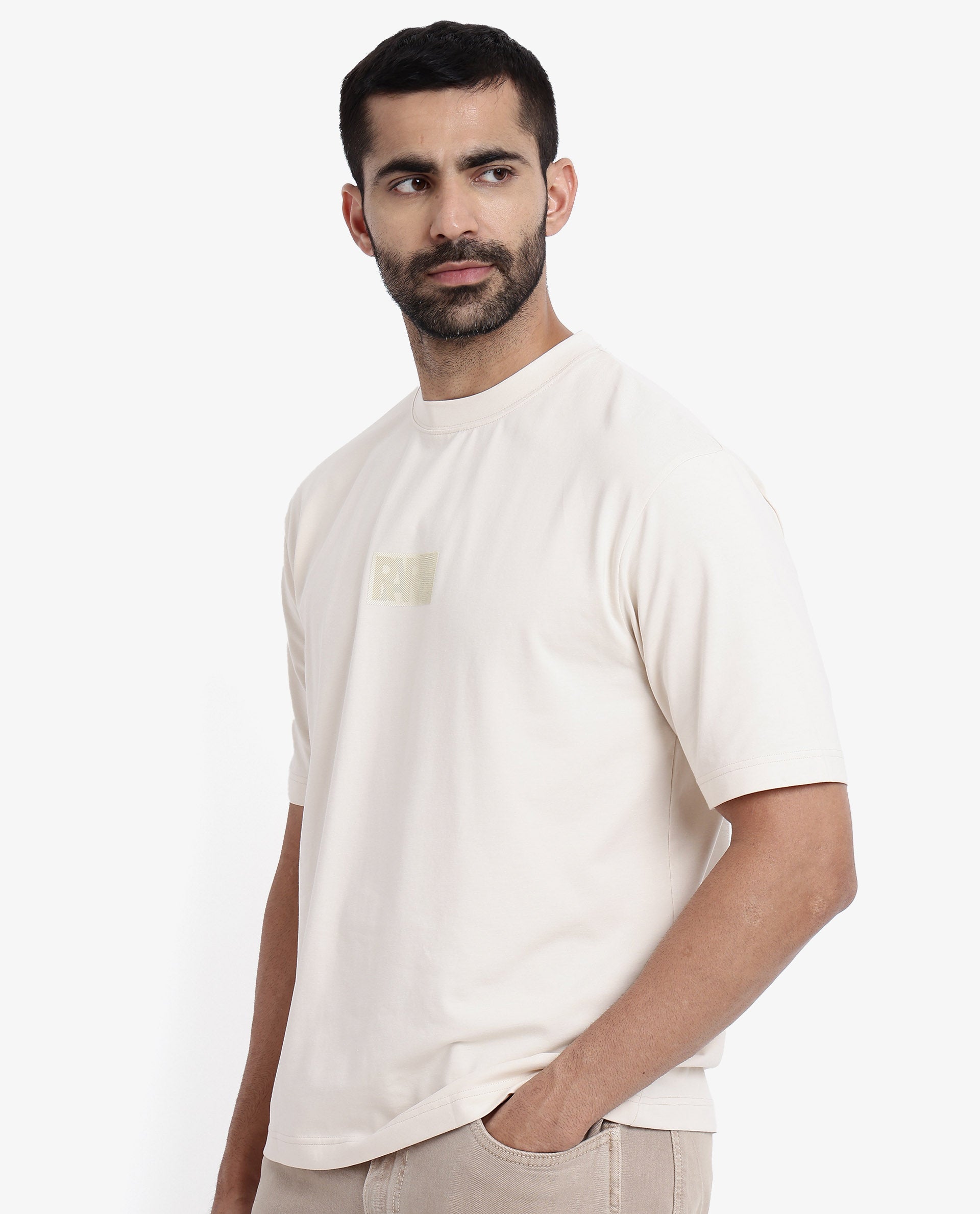 Rare Rabbit Men Reborn-T Beige Cotton Fabric Short Sleeve Crew Neck Oversized Fit Graphic Print T-Shirt