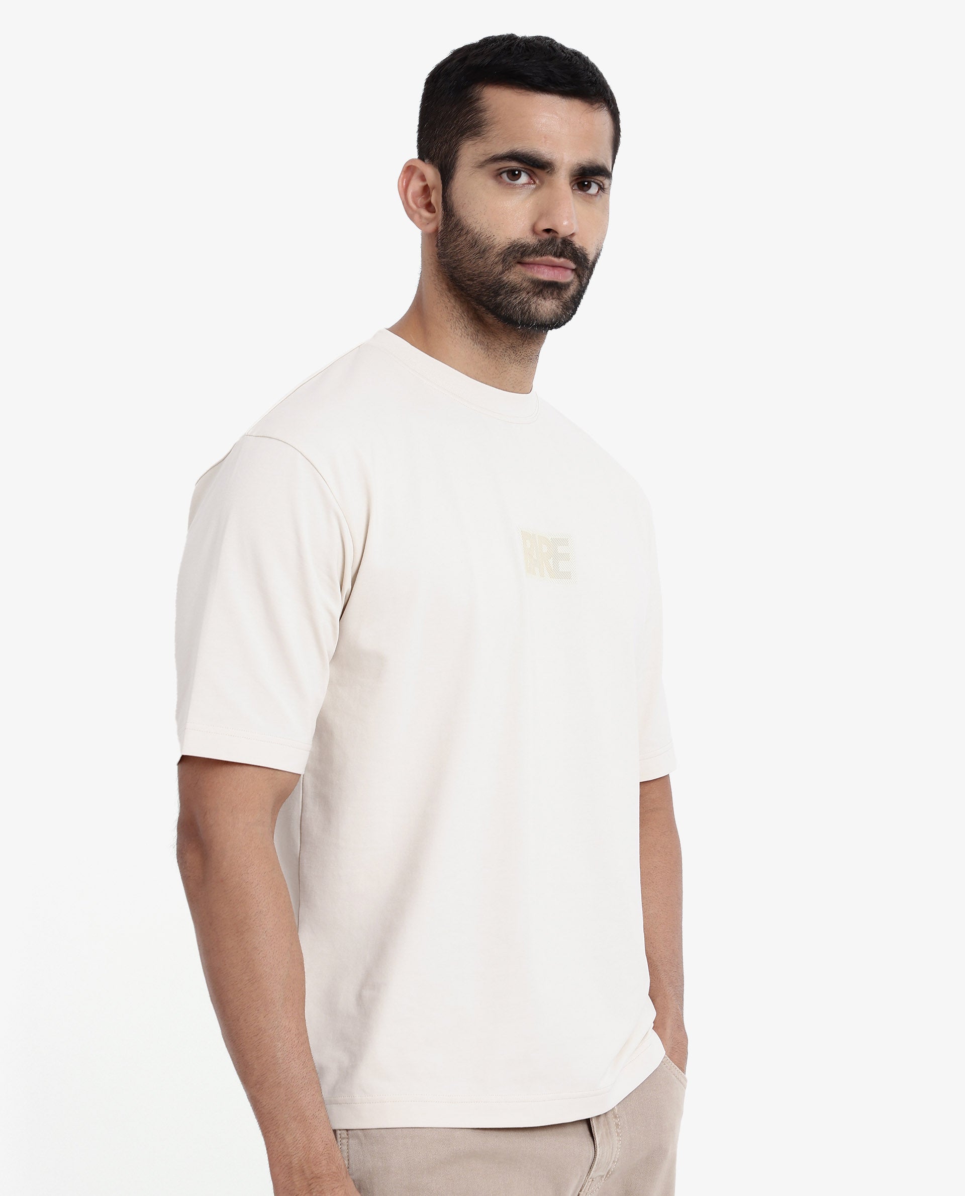 Rare Rabbit Men Reborn-T Beige Cotton Fabric Short Sleeve Crew Neck Oversized Fit Graphic Print T-Shirt