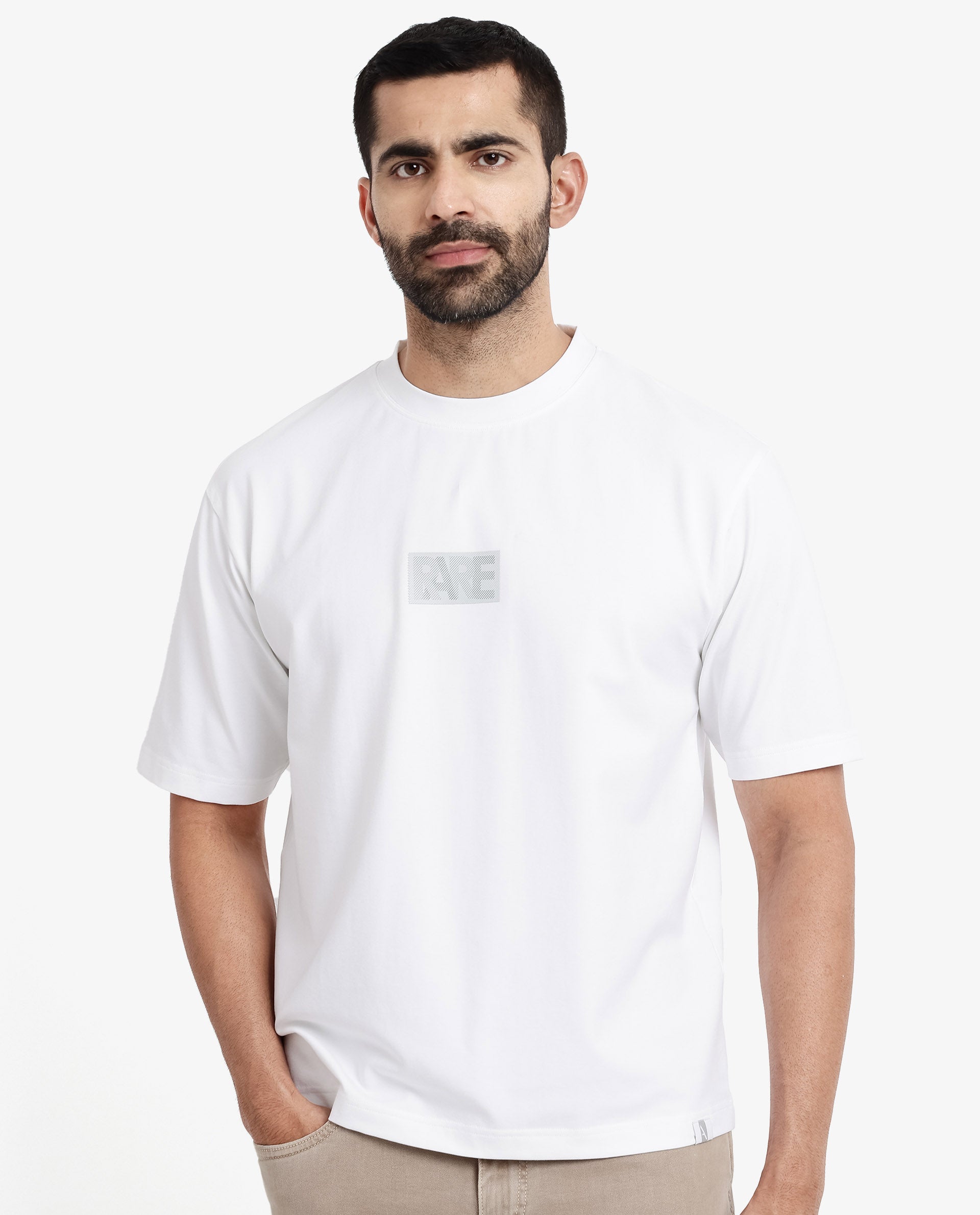 Rare Rabbit Men Reborn-T White Cotton Fabric Short Sleeve Crew Neck Oversized Fit Graphic Print T-Shirt