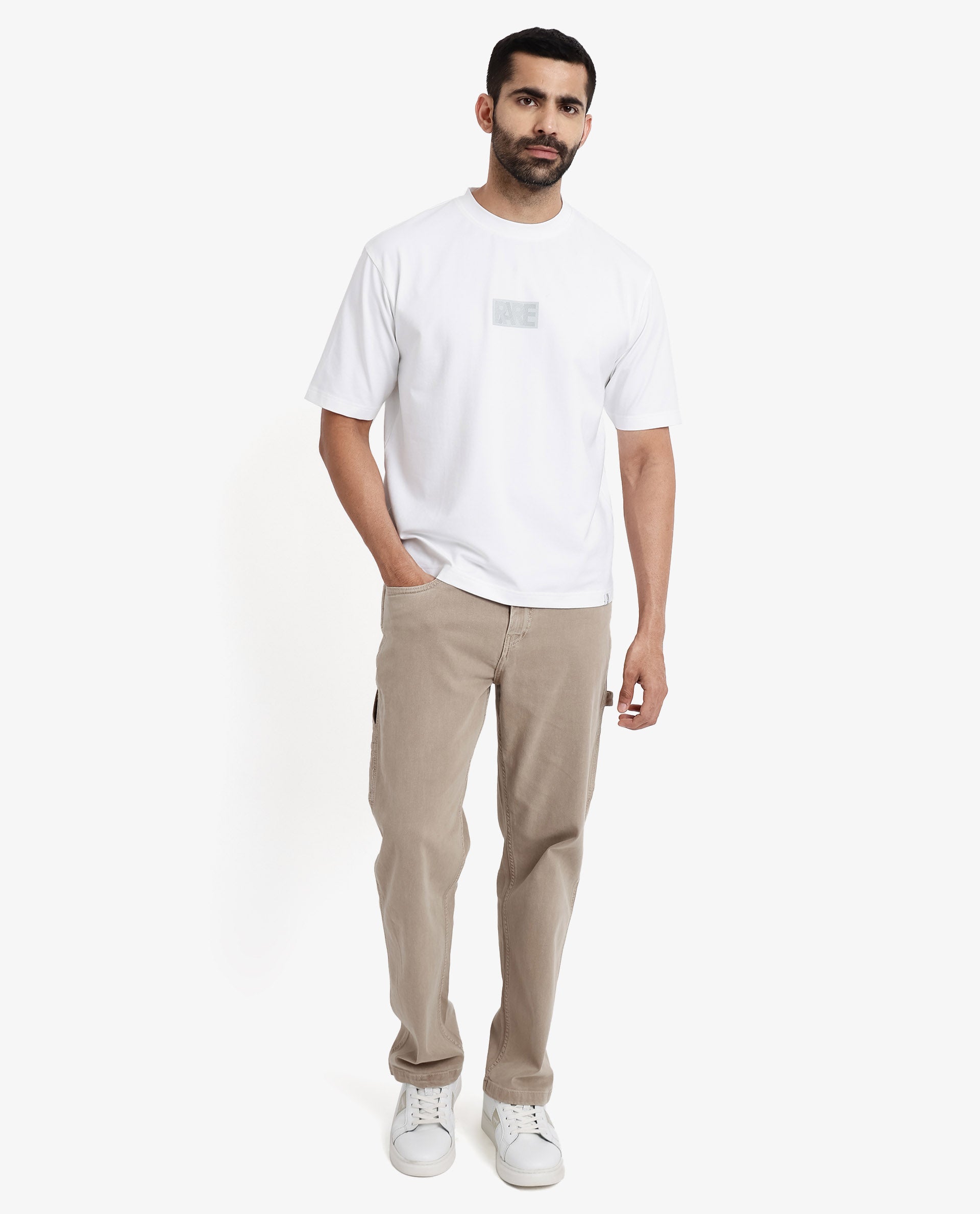 Rare Rabbit Men Reborn-T White Cotton Fabric Short Sleeve Crew Neck Oversized Fit Graphic Print T-Shirt