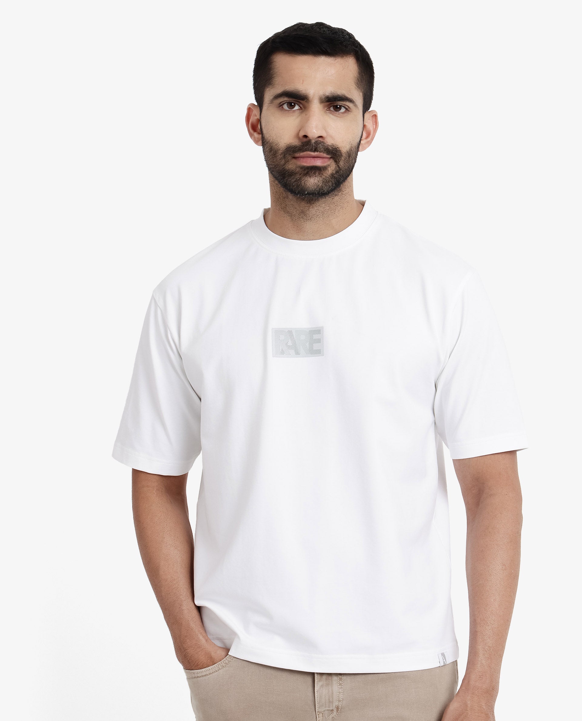 Rare Rabbit Men Reborn-T White Cotton Fabric Short Sleeve Crew Neck Oversized Fit Graphic Print T-Shirt