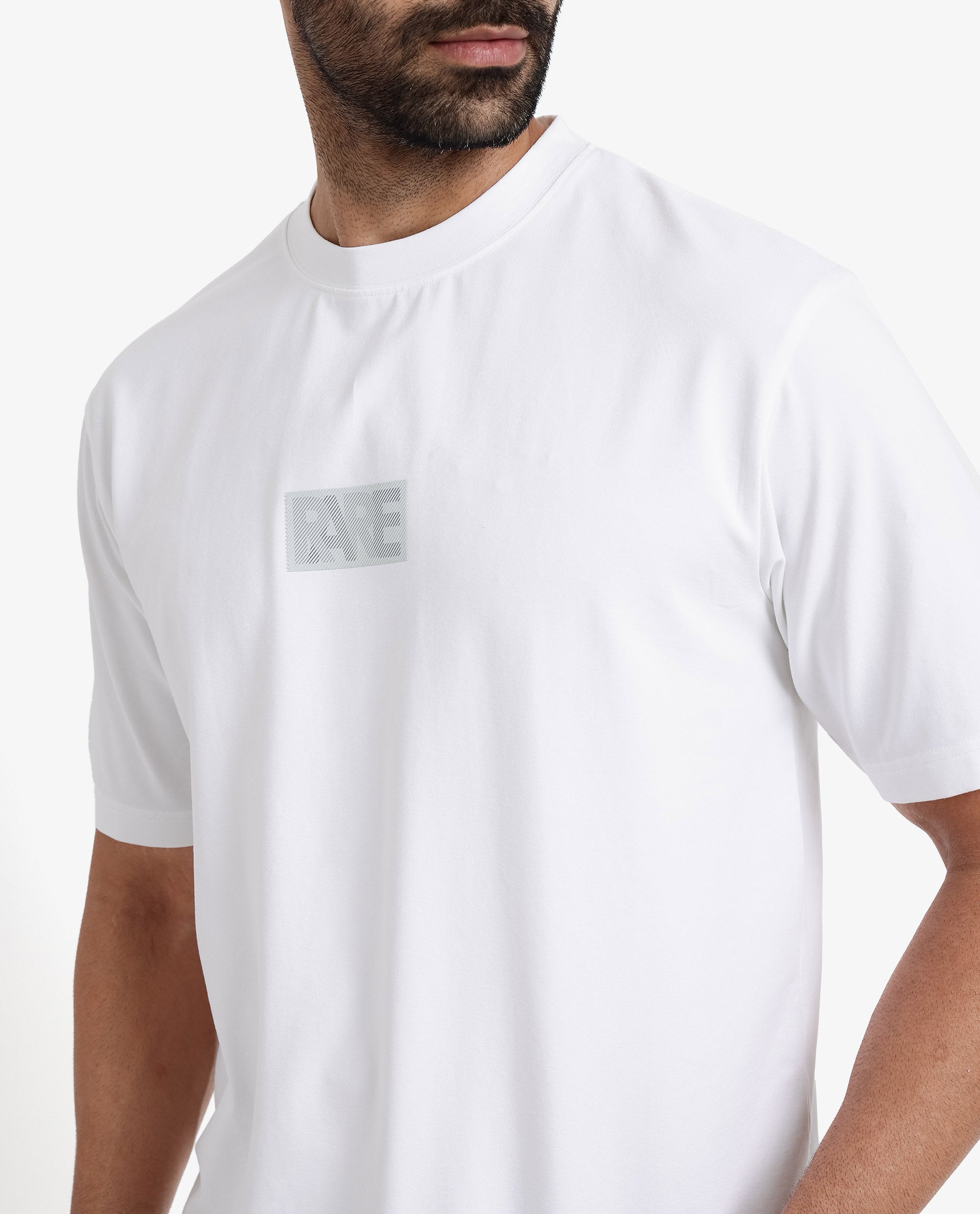 Rare Rabbit Men Reborn-T White Cotton Fabric Short Sleeve Crew Neck Oversized Fit Graphic Print T-Shirt