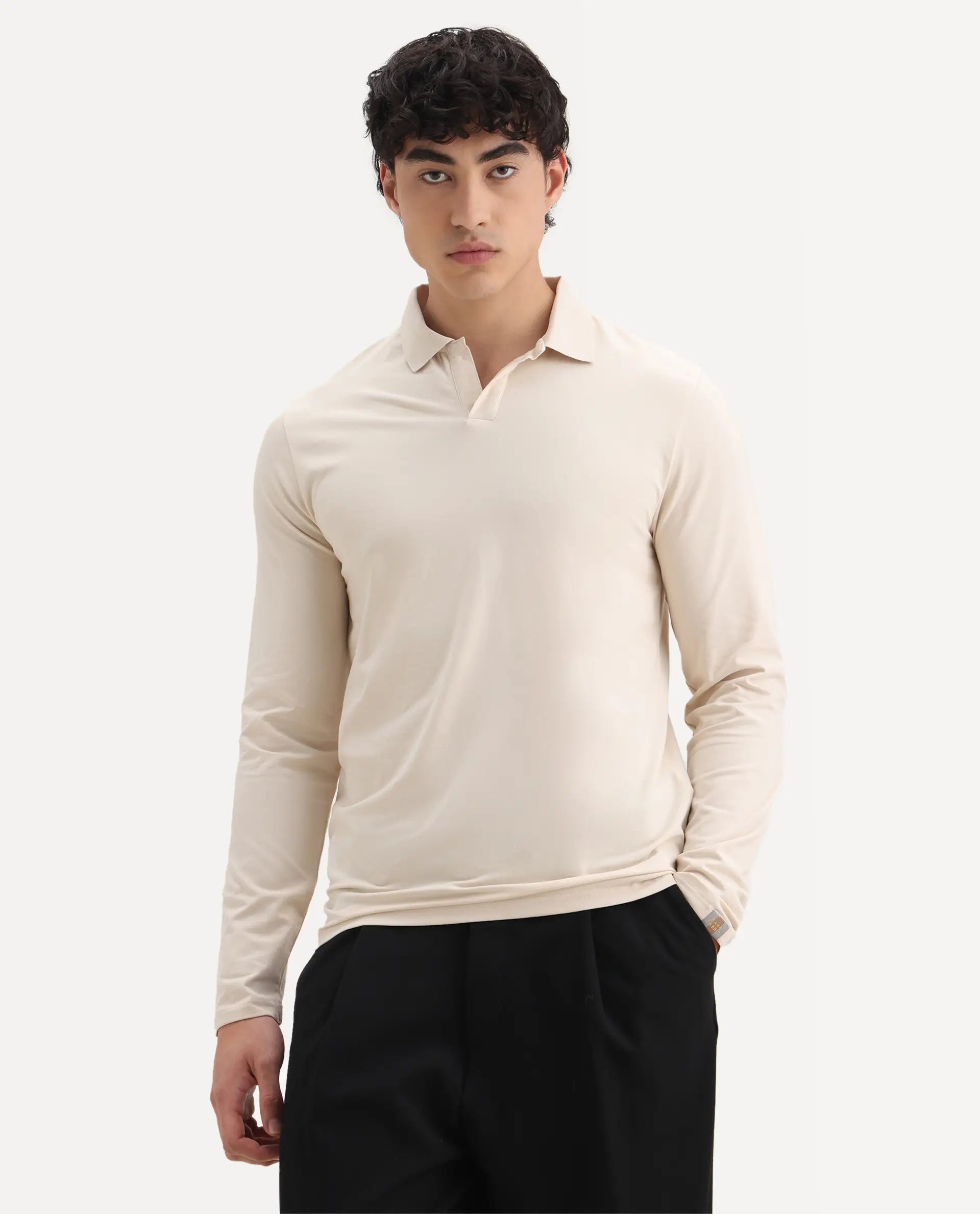 Rare Rabbit Men's Reborn-1 Off White Cotton Plain Regular Fit Full Sleeve Polo